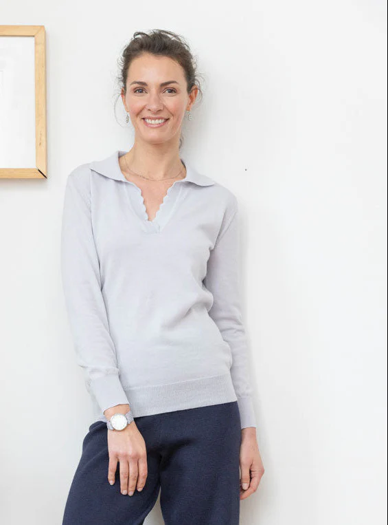 Pull col polo femme en laine mérinos gris
