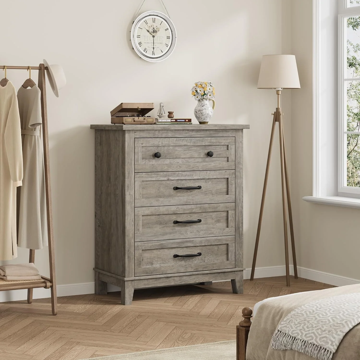 4 Drawer Dresser for Bedroom,34.8" Tall Bedroom Dresser with Large Drawer Black Handles,Wooden Storage Organizer Cabinet Chest of Drawer for Living Room,Hallway(Retro Gray) - Image 8