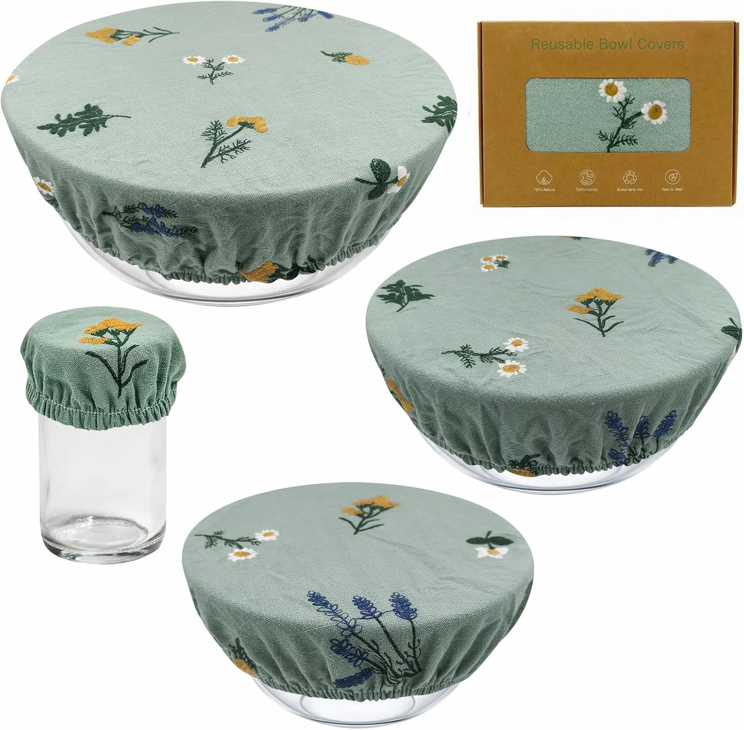 Reusable Bowl Covers (Set of 4) - Breathable Cotton Linen Sourdough Accessories - Elastic Durable Fabric Food Lids for Proofing Baskets & Bread Baking Supplies (Sage Green)