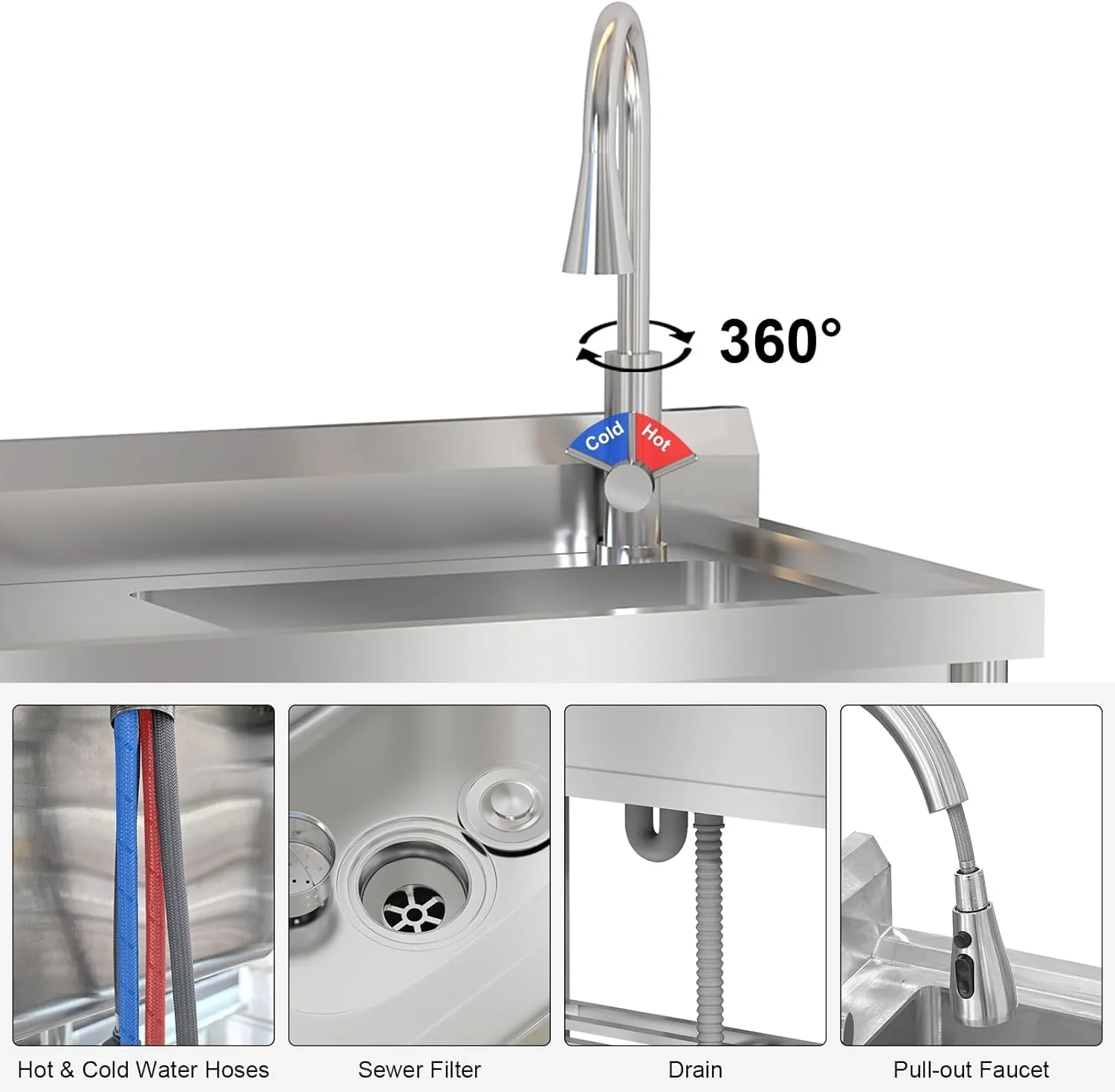 TROPOW 24x20x42 Inch Stainless Steel Utility Sink, Freestanding Single Bowl with Cold and Hot Water Pipe and Faucet, Commercial Sink Kitchen Sink for Restaurant Laundry Room Bathroom Garage Garden