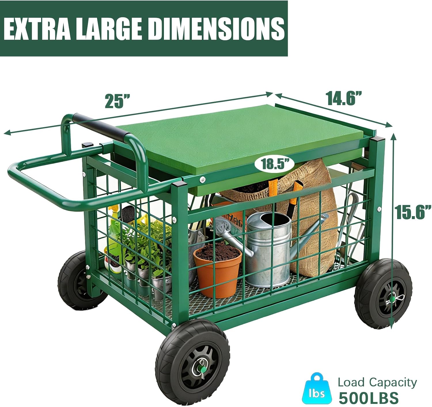 Extra-Large Rolling Garden Cart and Kneeler, 4-in-1 Garden Seat with Wheels