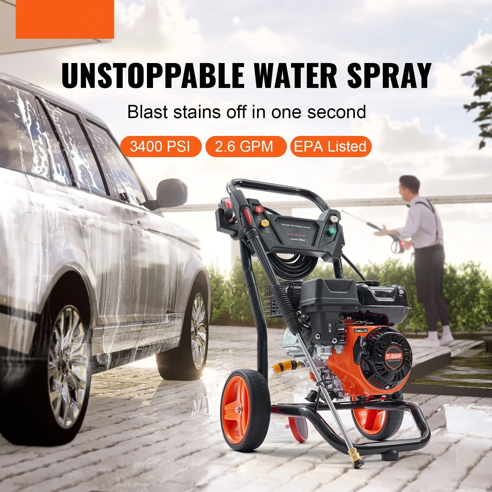 BENTISM 3400 PSI 2.6 GPM Gas Pressure Washer W/26 Ft High Pressure Hose 5 Nozzles Gas Powered Washer