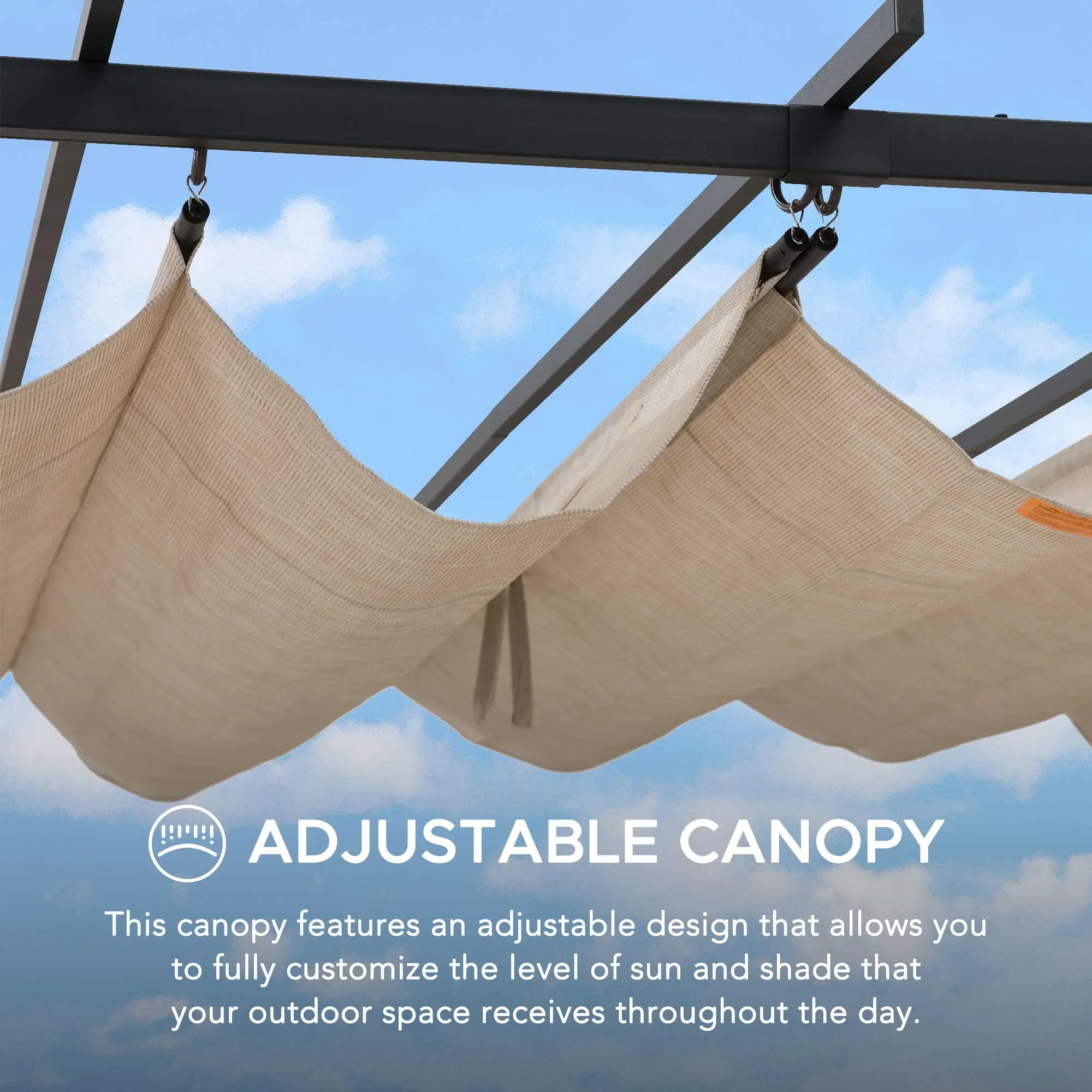 Sunjoy Outdoor Pergola 9 x 12 ft. Patio Black Steel Frame Pergola with Retractable Beige Canopy Shade for Backyard, Garden Activities