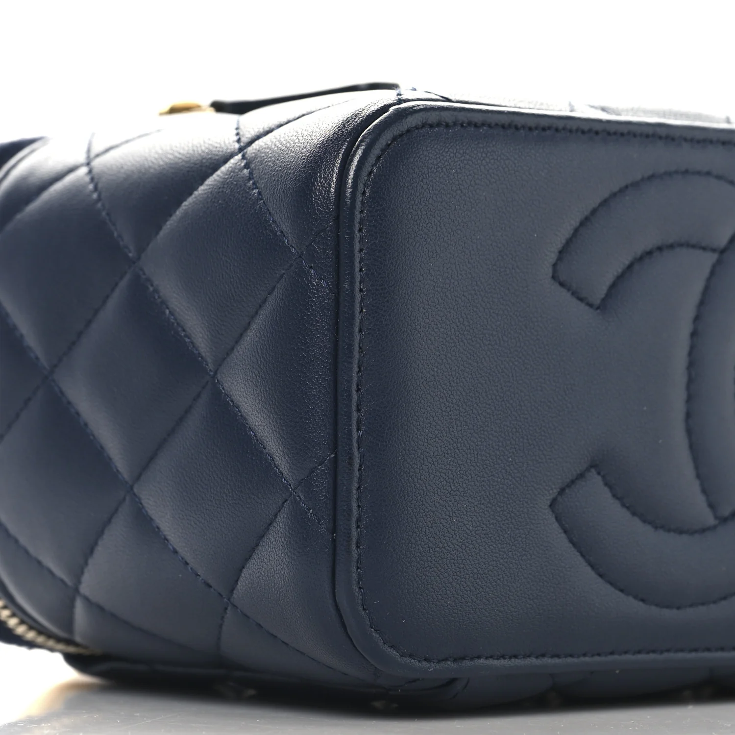 Lambskin Quilted Metal Small Top Handle Vanity Case With Chain Blue