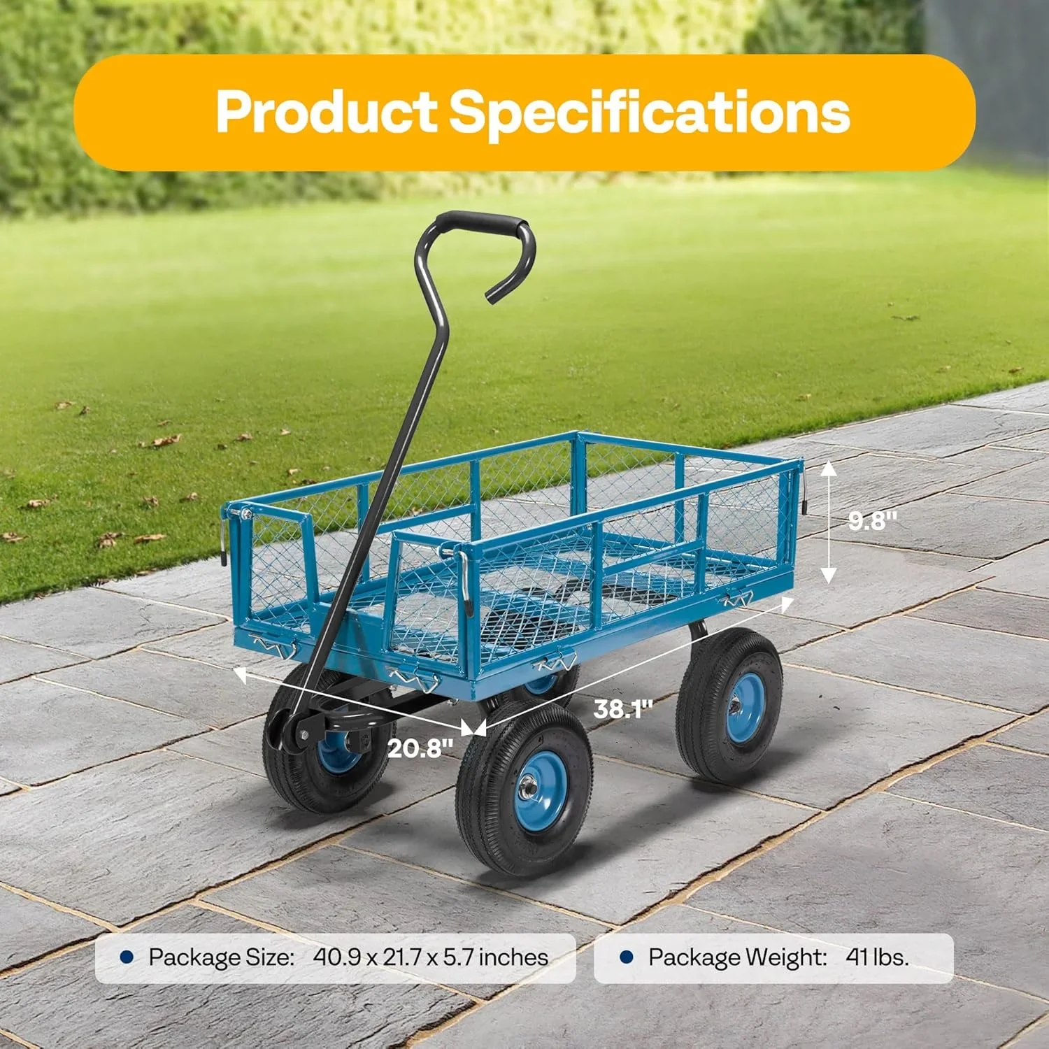 SPECSTAR Mesh Steel Garden Cart 880 lbs Capacity, 38 x 21 Folding Utility Wagon with 10 Inch Wheels