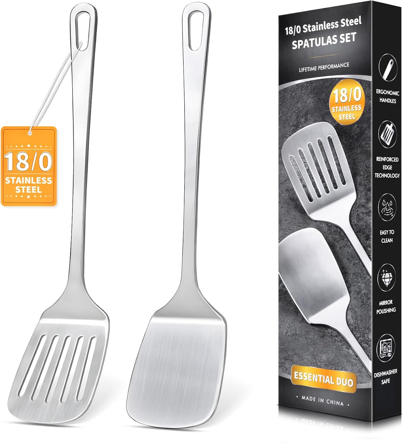 2 Pcs Stainless Steel Spatula Set, Metal Spatula Solid & Slotted Turner, Heavy Duty Sturdy Spatula for Kitchen Use, High Heat Resistant Cooking Utensils for Fish Eggs Pancakes, Easy to Clean, Silver