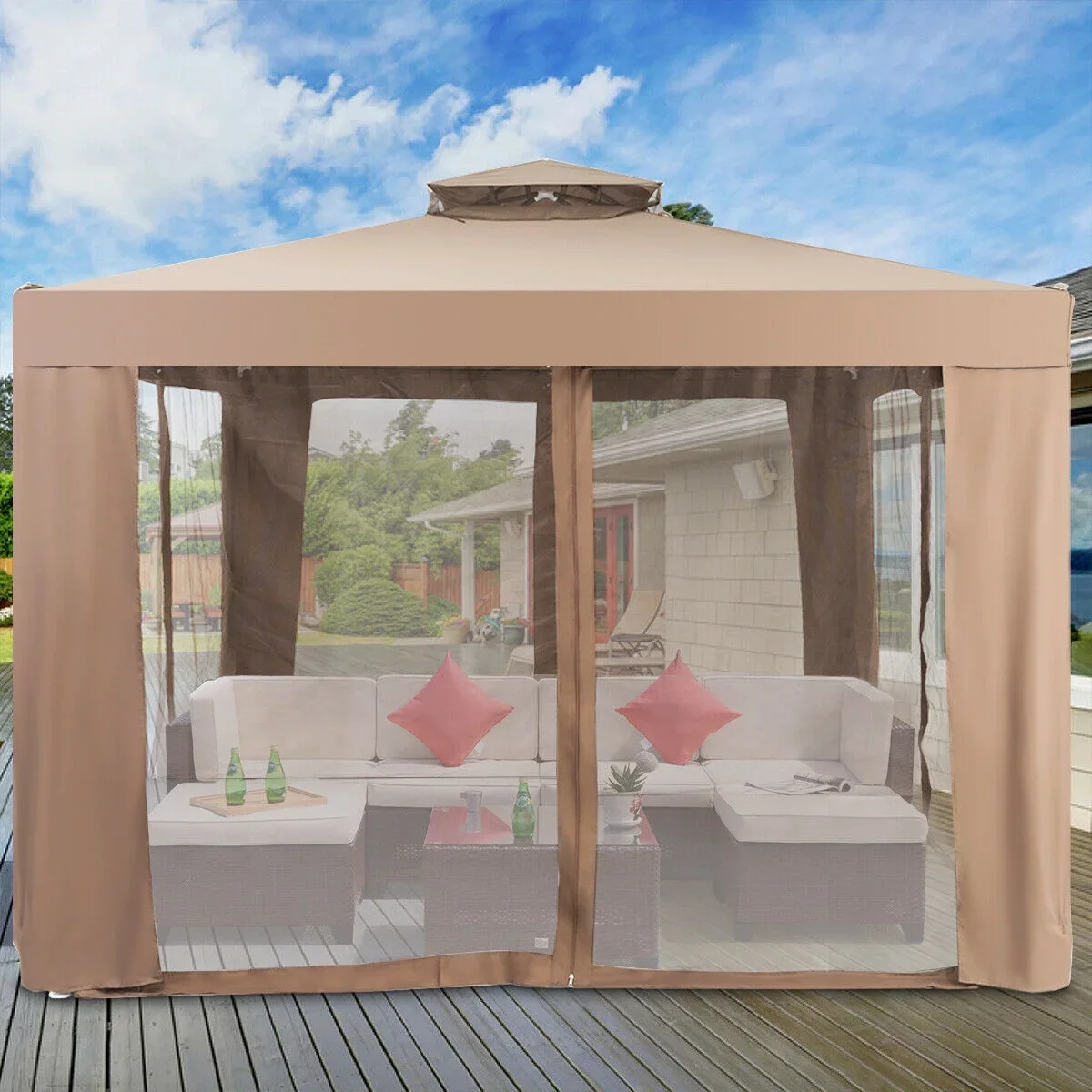 Gymax 10'x 10' Canopy Gazebo Tent Shelter Garden Lawn Patio W/Mosquito Netting Coffee