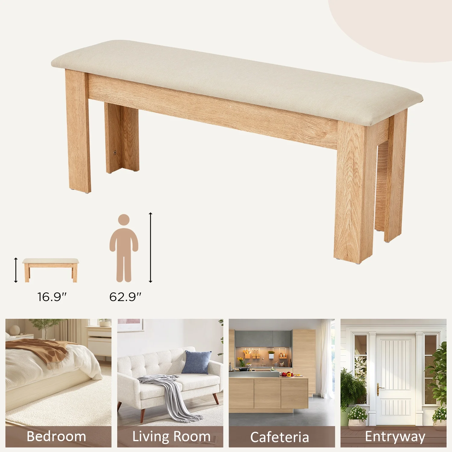 44" Dining Room Bench Set of 2, Wood Linen Fabric Kitchen Benches, Beige Natural(Beige Bench) - Image 4