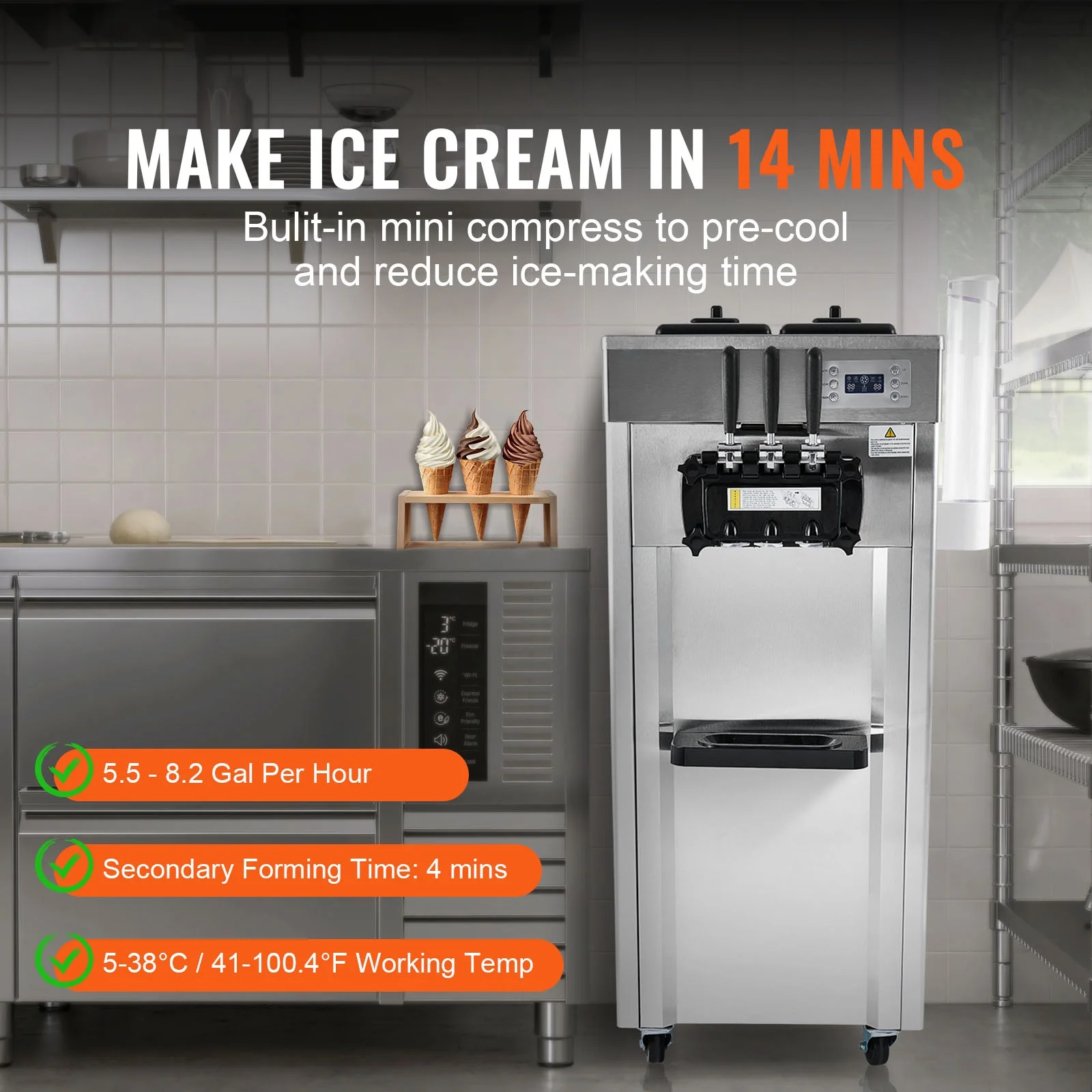Commercial Soft Ice Cream Machine 21-31 L/H Output 3-Flavor LED Display Auto Clean 4.3L/1.1GAL Hopper,1.7L/0.45gal Cylinder - Image 3