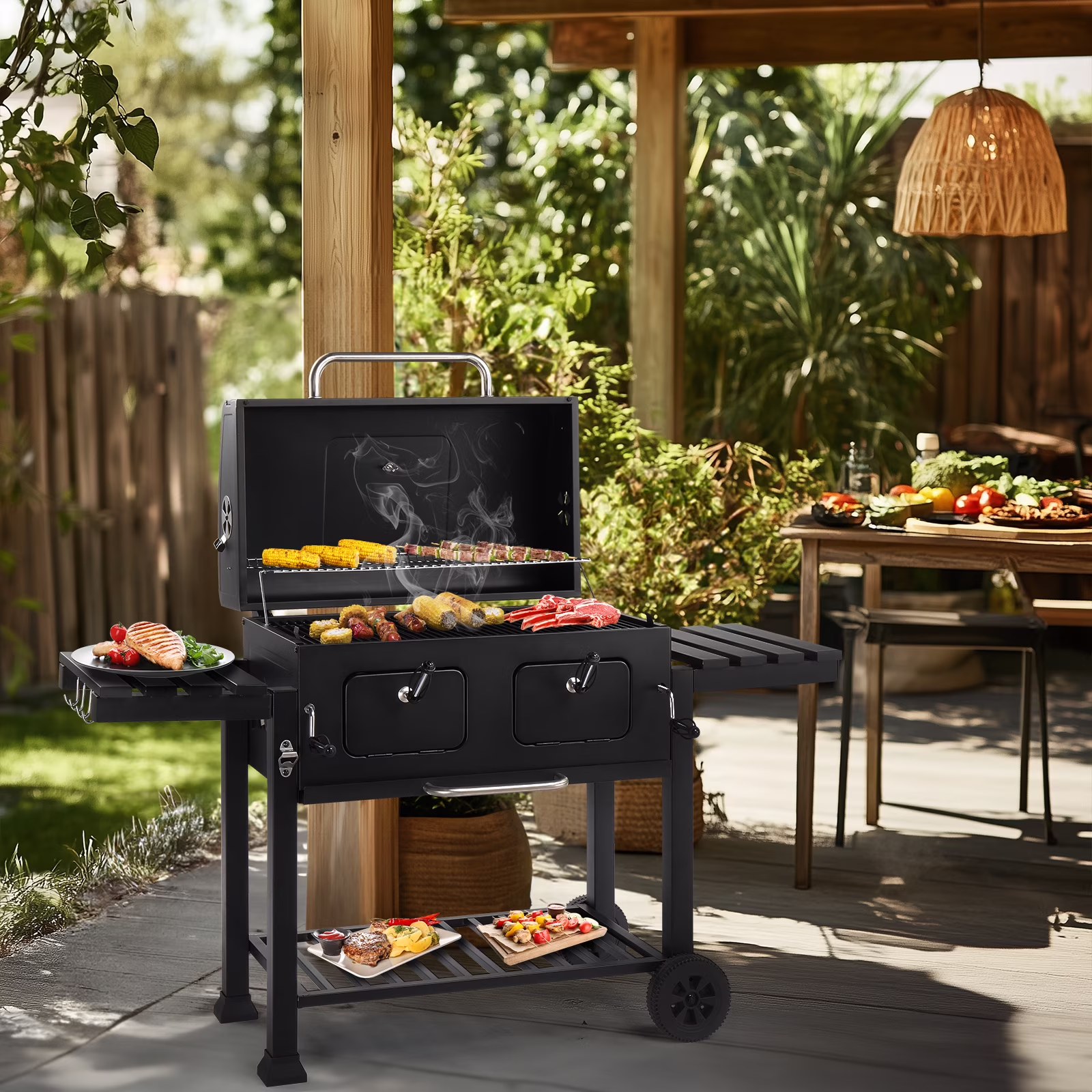 Ktaxon BBQ Grill Outdoor Charcoal Grill Smoker Large-sized Barbecue Grill with 2 Charcoal Doors for Patio,Backyard,Garden