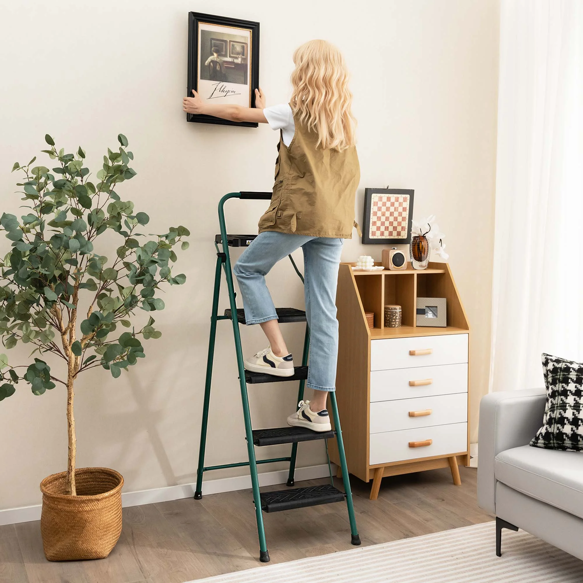 Costway 4 Step Ladder Folding Portable Anti - Slip Steel Step Stool 330 lb with Tool Platform