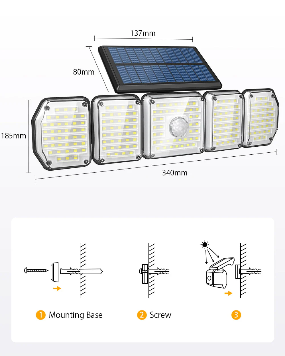 2/1 Pack Solar Lights Outdoor,5 Adjustable Heads Solar Flood Lights,214 LED 3 Lighting Modes Dimmable IP65 Waterproof, Motion Sensor Security Wall Lights