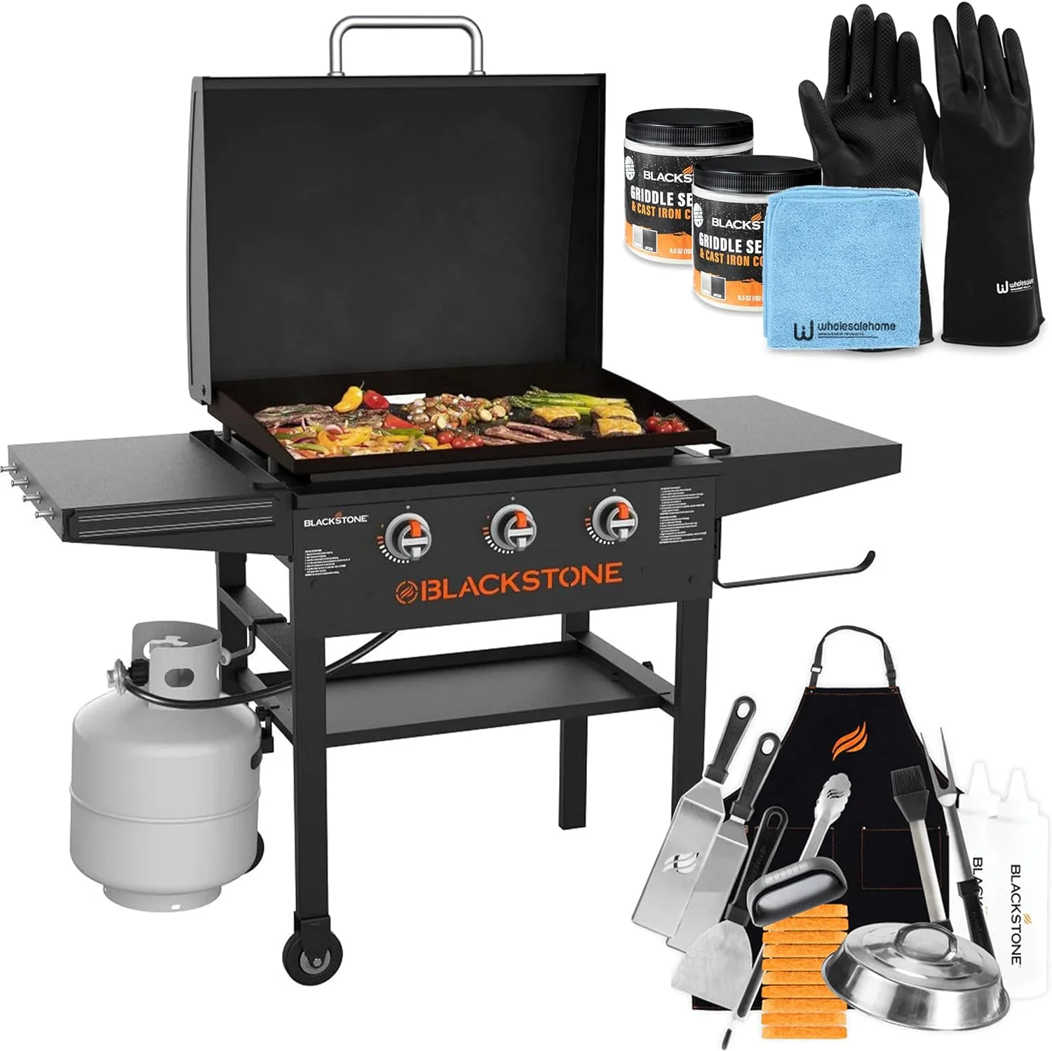 Plaque de cuisson Blackstone Griddle 2080 de 71 cm (28 pouces) avec couvercle XL Griddle Original, grill extérieur à 3 brûleurs, accessoires Blackstone Griddle inclus, assaisonnement, gants et chiffon de nettoyage.