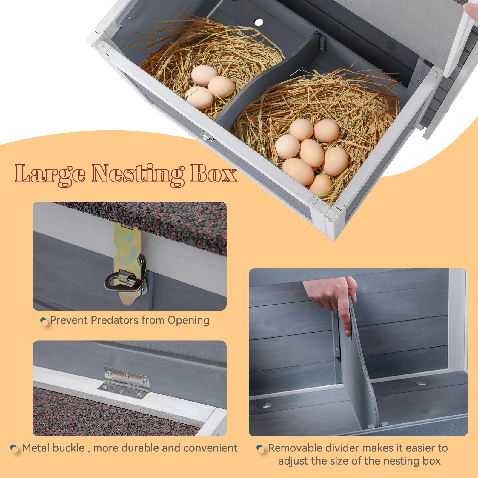 Large Chicken Coop with Upgraded Perches, Weatherproof Hen House with Two Large Nesting Box,Poultry Cage,3-5 chicken, Grey(Gray) - Image 2