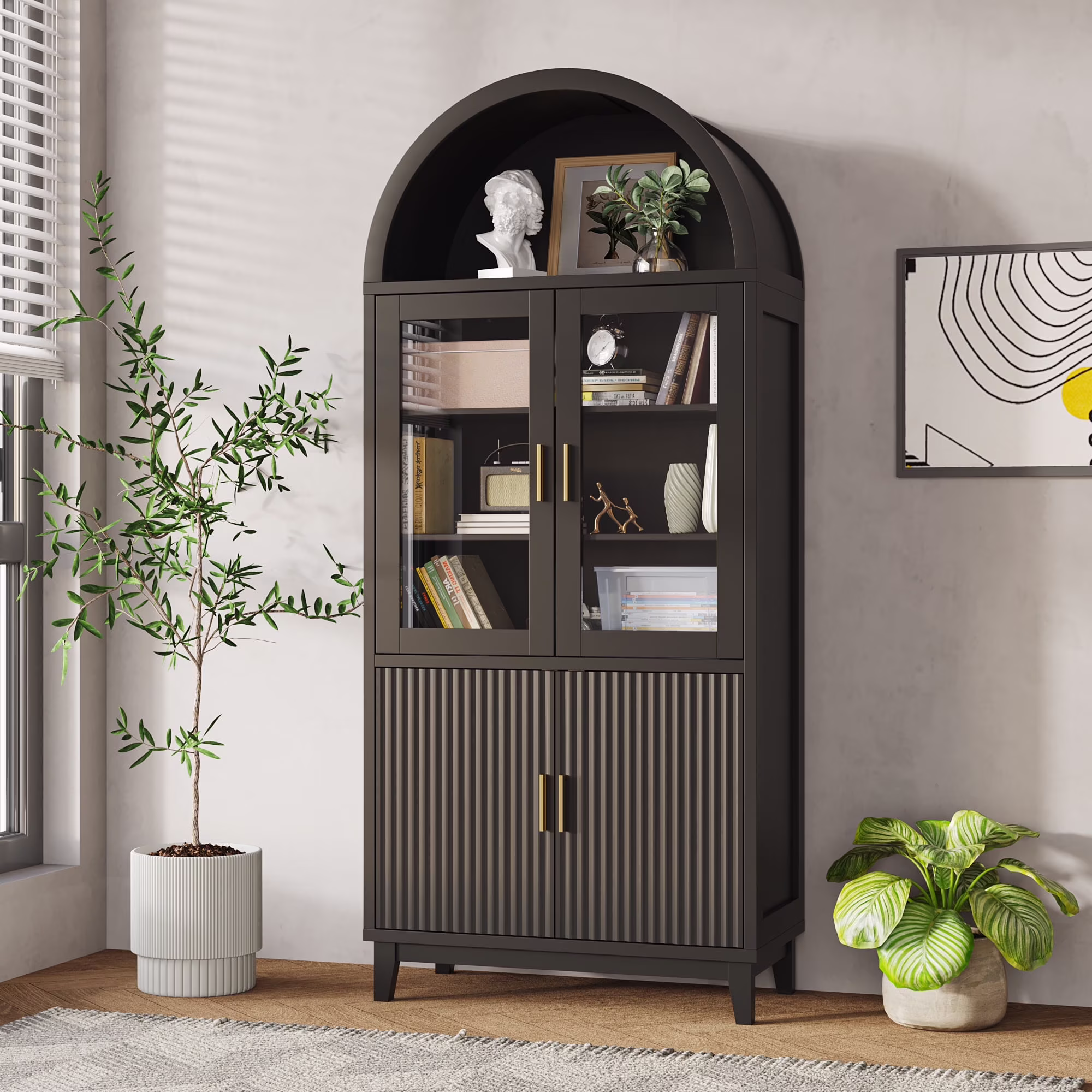 71" Tall Arch Cabinet, Wood Fluted Kitchen Kitchen Storage Cabinet with 4 Doors and 6 Shelves for Dining Room Living Room(black)