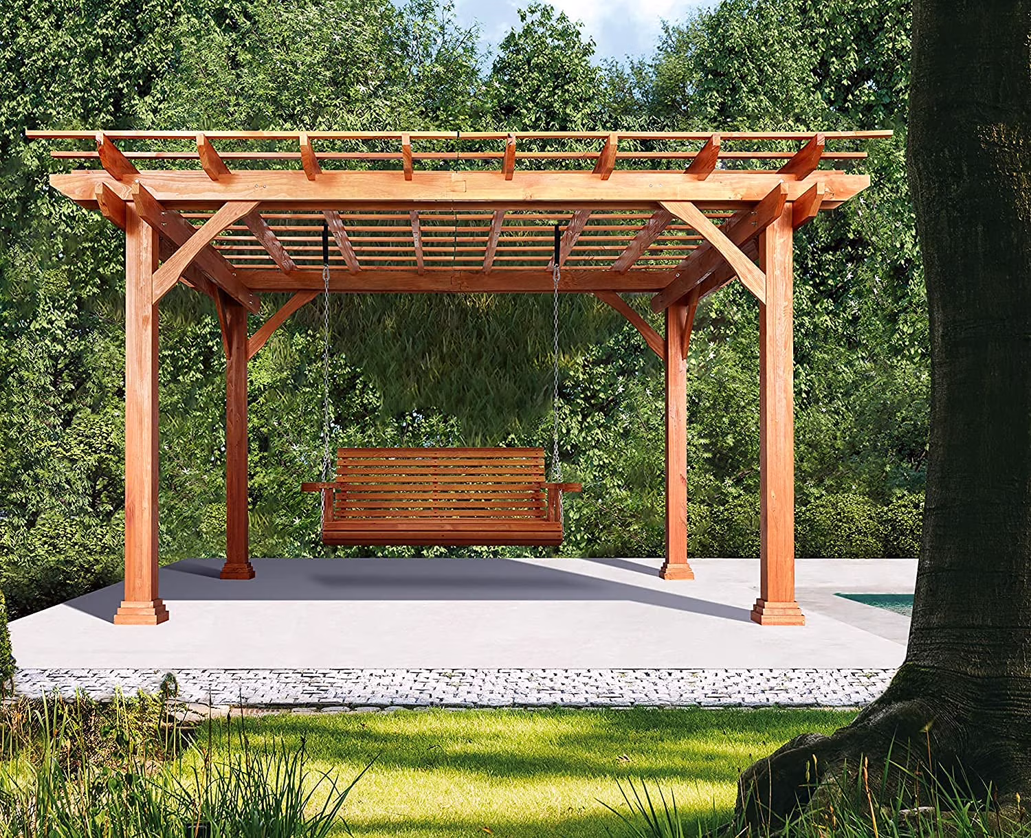 AECOJOY Outdoor Pergola with Porch Swing 12’x10’Outdoor Wood Deck Garden Patio Gazebo with Comfort Hanging Bench Swing