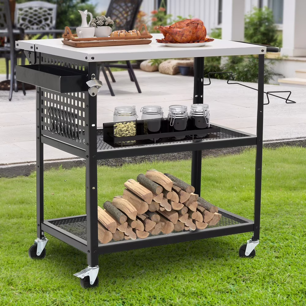 31.5''L x 27.6''W Outdoor Grill Cart Pizza Oven Table w/ 3-Tier Adjustable Shelf