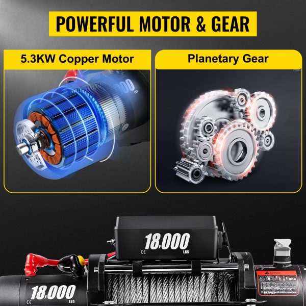 Treuil électrique 18 000 lb (8 165 kg) avec câble en acier 12 V pour VTT, UTV, camion et remorque tout-terrain