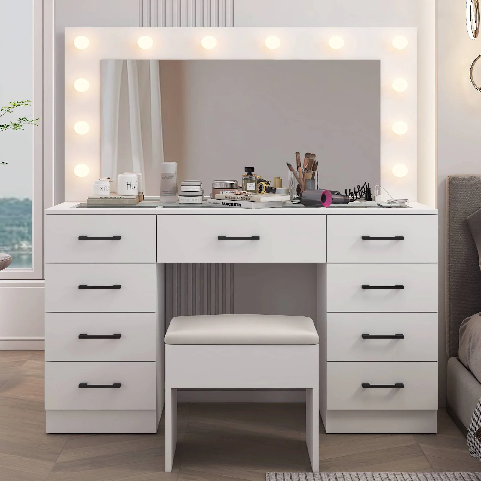Large Makeup Vanity, Vanity Table Set w/ Visible Glass Top w/ Charging Station, White(White-9 Drawer) - Image 4
