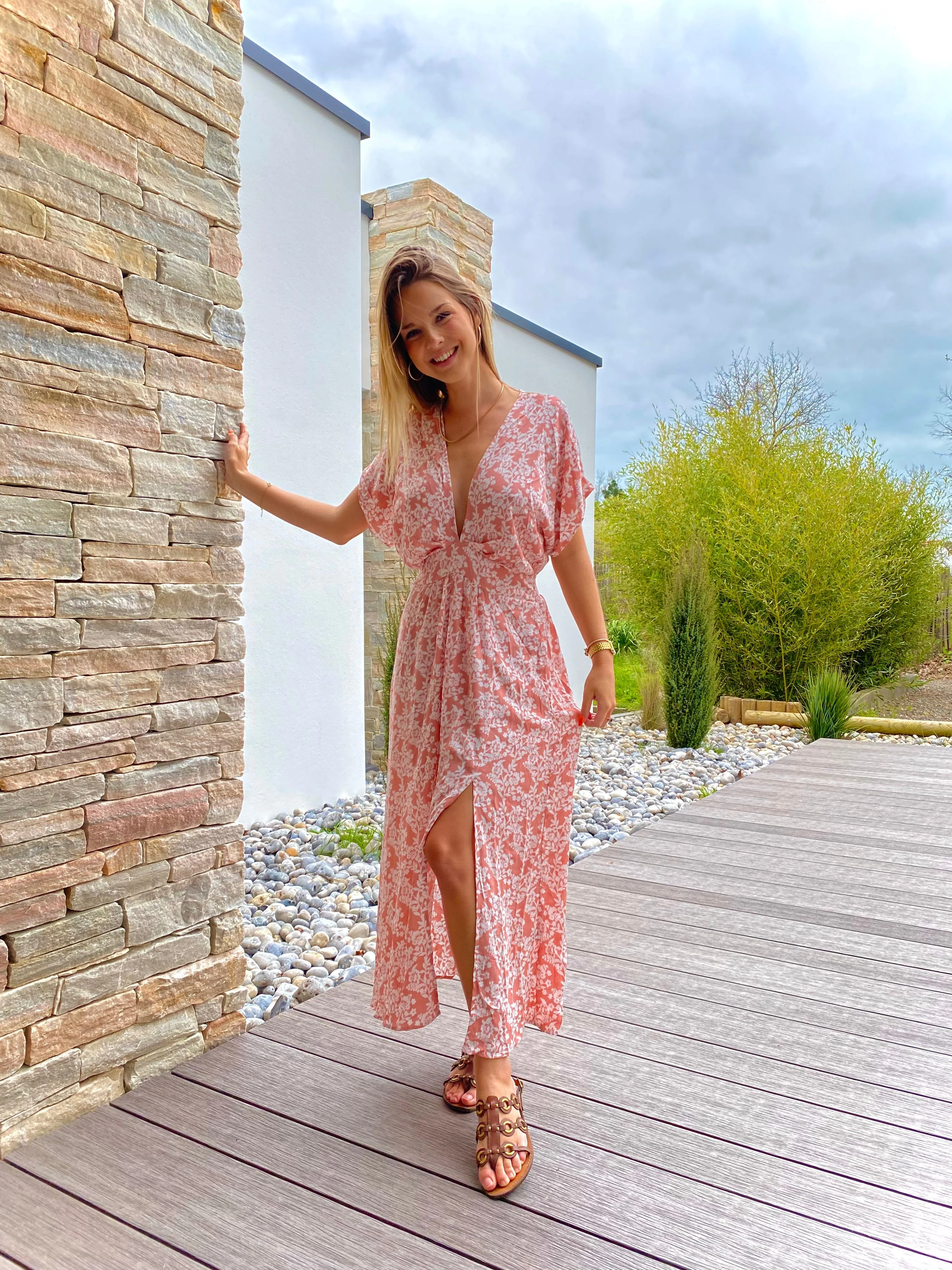 Robe midi bohème fendue rose poudré