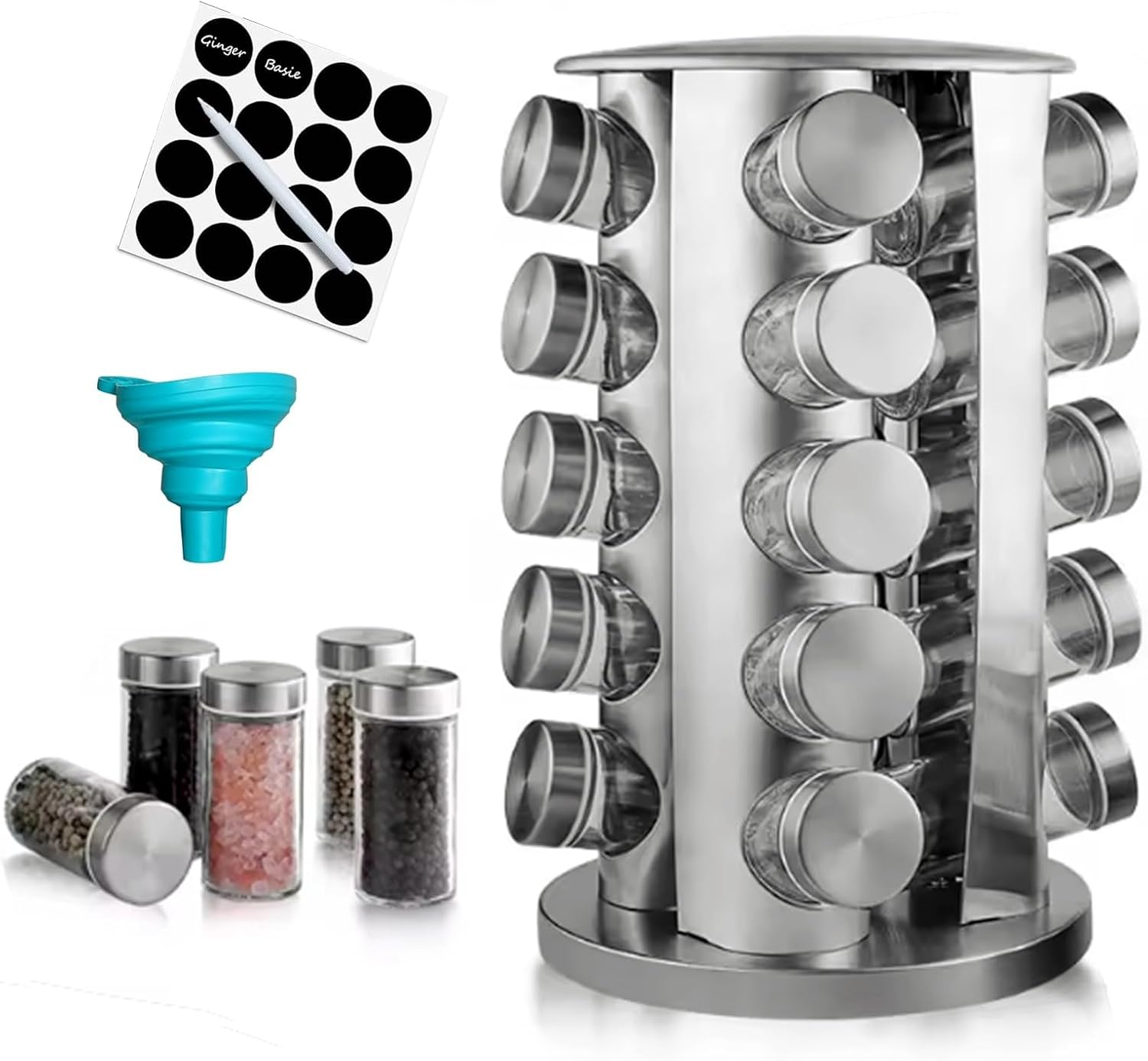 Revolving Spice Rack with 20 Jars,Spice Rack Organizer With labels funnel
