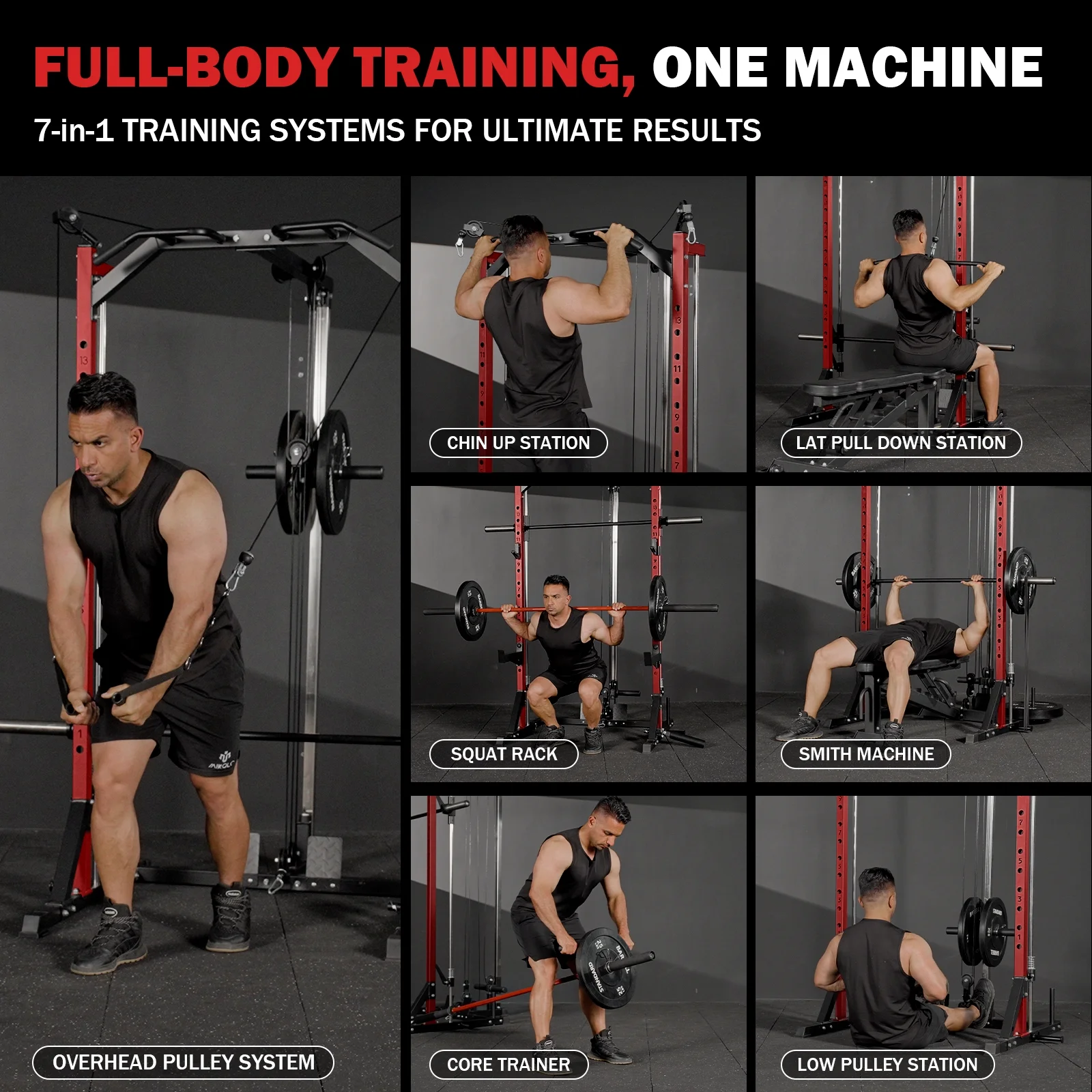 Compact 7-IN-1 Smith Machine With Cable Crossover System, 1000LBS Multi-Functional Squat Rack, Workout Station with Weight Bar, Bend Peg and Other Functional Attachments(Smith Machine) - Image 10