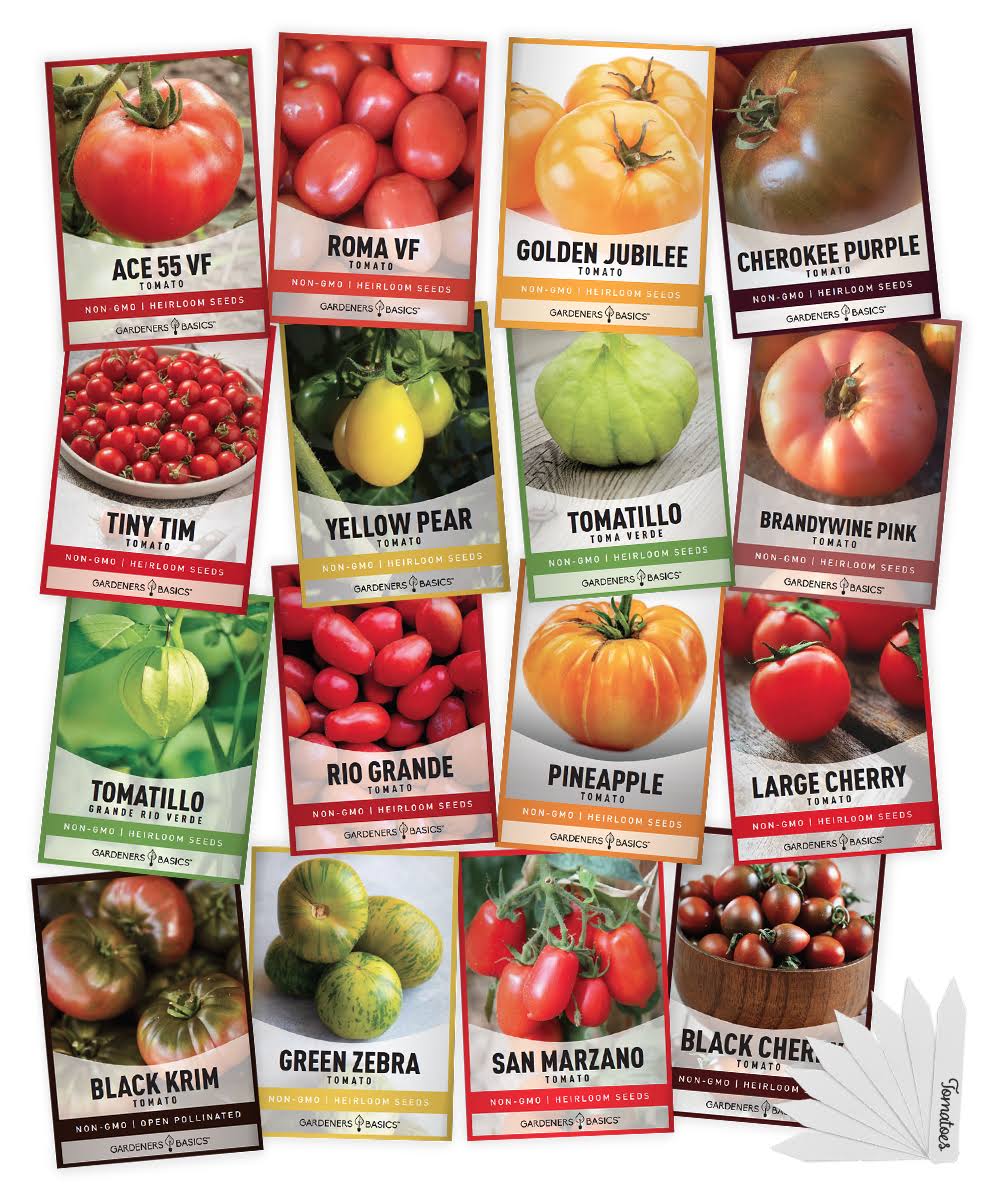 Gardeners Basics, Tomato Seeds for Planting 16 Variety Pack Heirloom Tomato Seeds, Tiny Tim, Cherry Tomato Seeds, Beefsteak Seeds, Roma Tomato Seeds