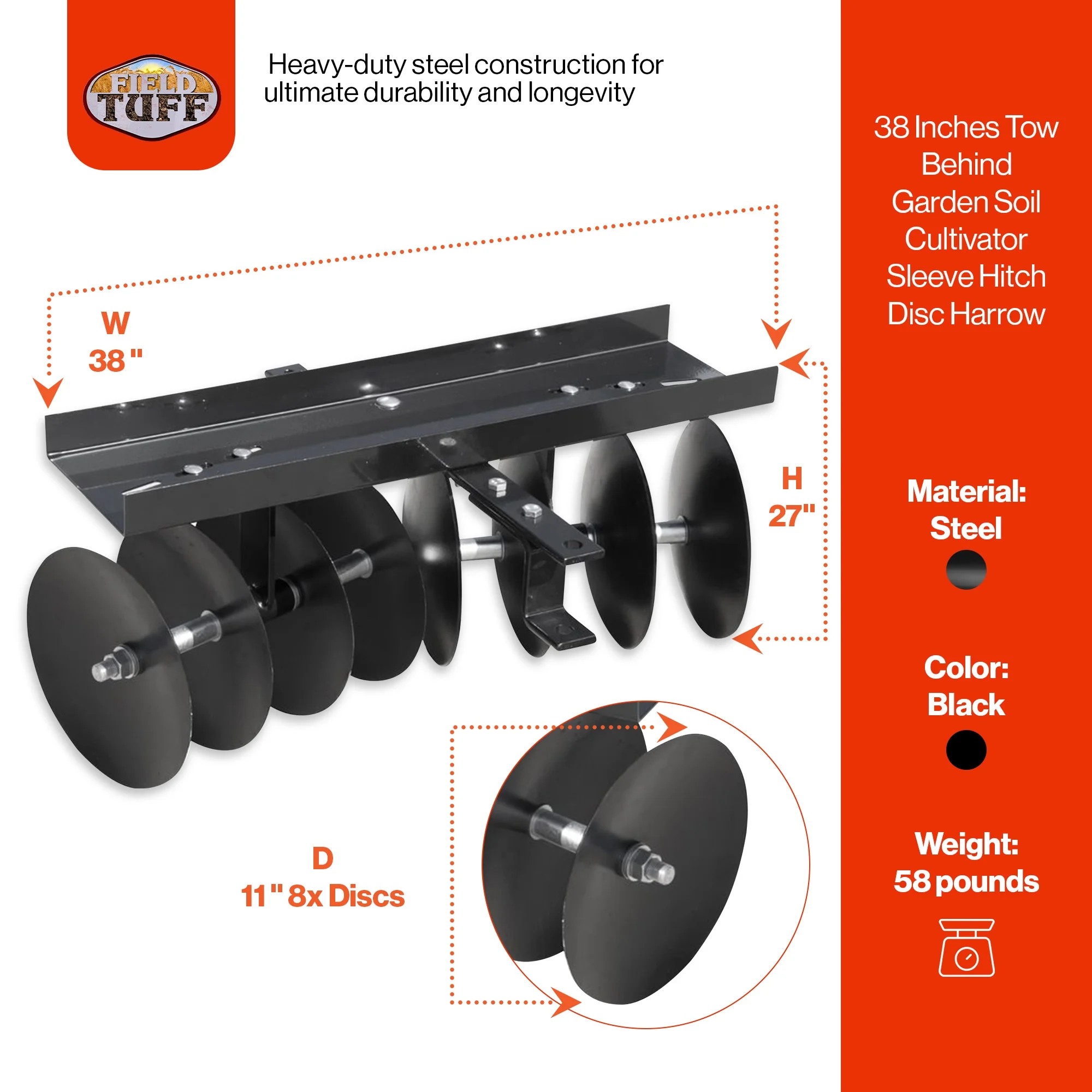 Field Tuff 39in Tow Behind Garden Soil Cultivator Sleeve Hitch Disc Harrow