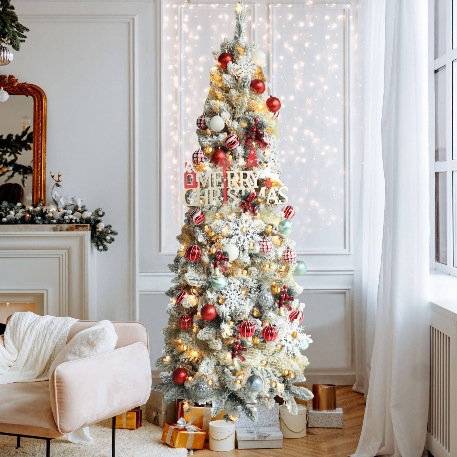 VEIKOUS Pre-Lit Artificial Christmas Tree Pencil Snow with Foldable Iron Stand with LED Lights, 5.5/6.5/7.5 ft - 5.5 Foot - White