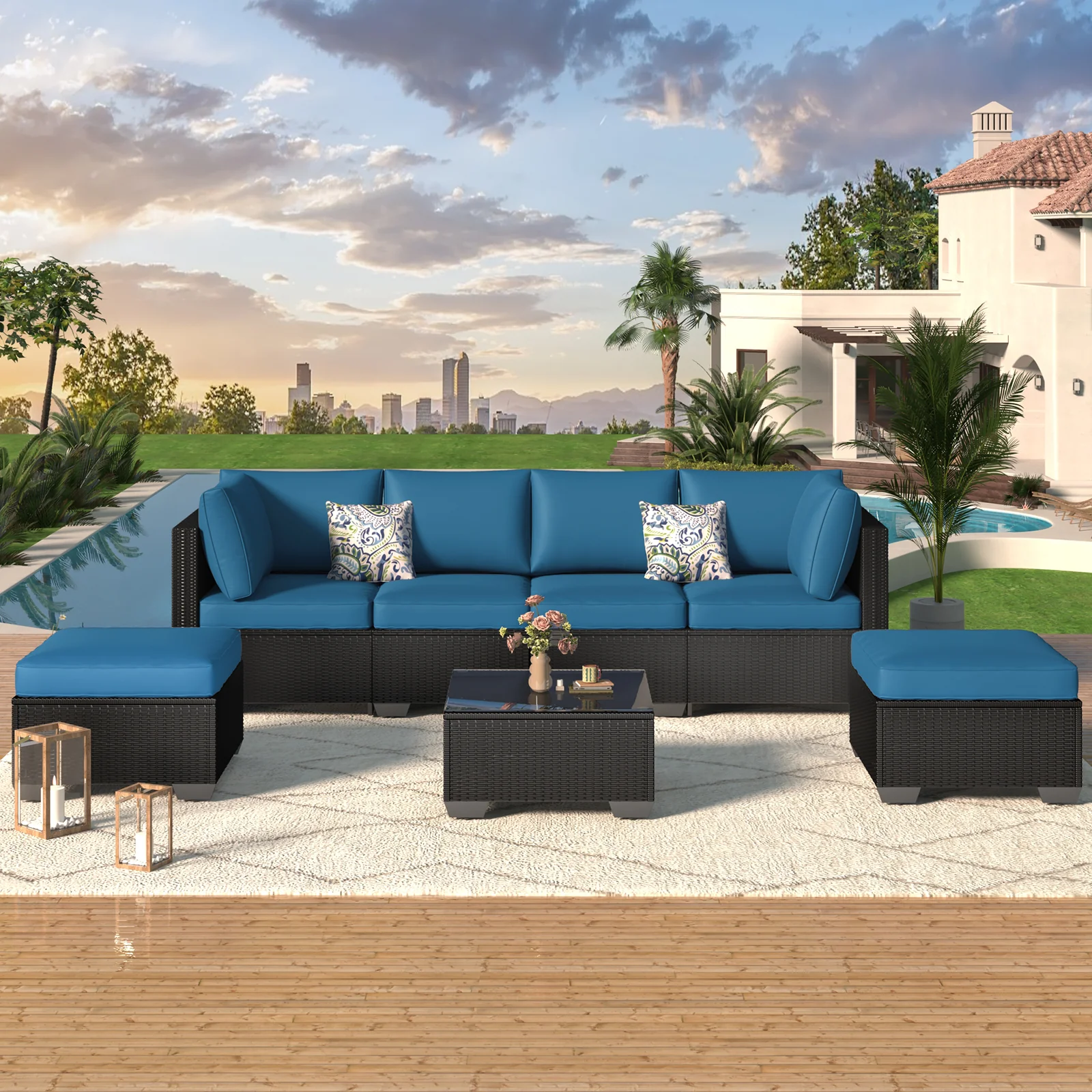 AECOJOY 7 Piece Outdoor Patio Furniture Set, Black& Peacock Blue