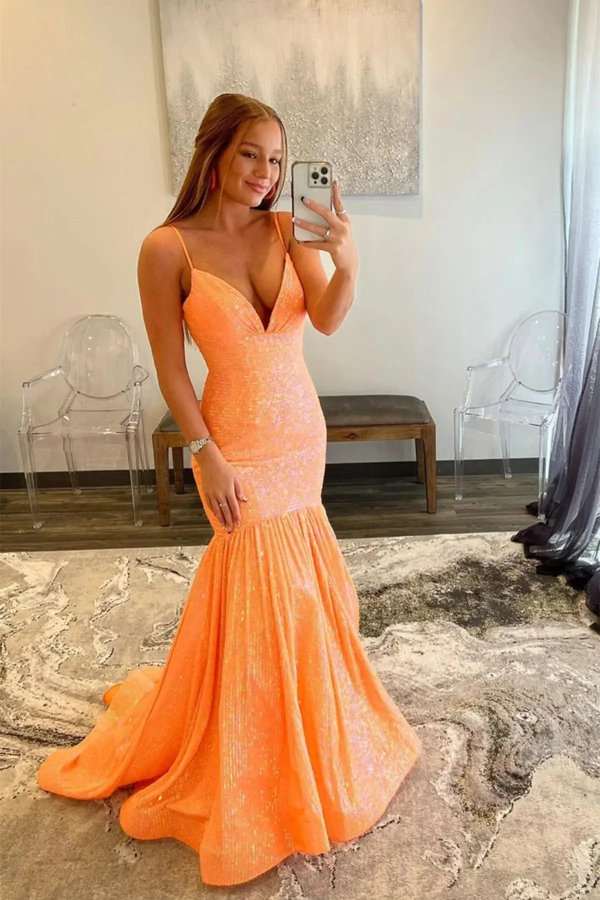 Shiny Sequins V Neck Mermaid Long Prom Dresses, Formal Graduation Evening Dresses DM1911