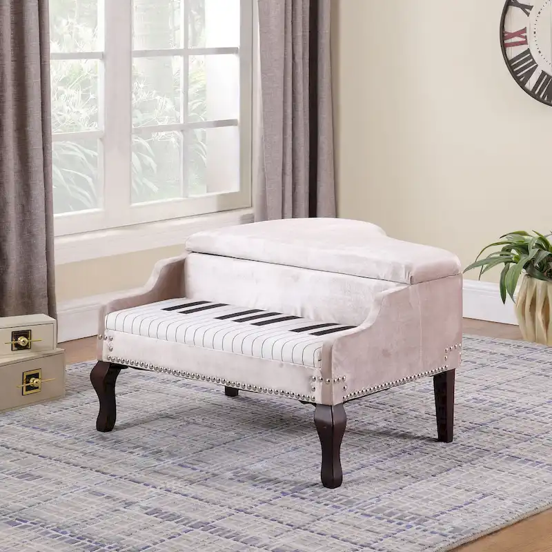 21-Inch Beige Upholstered Piano Ottoman with Nailhead Trim for Living Room