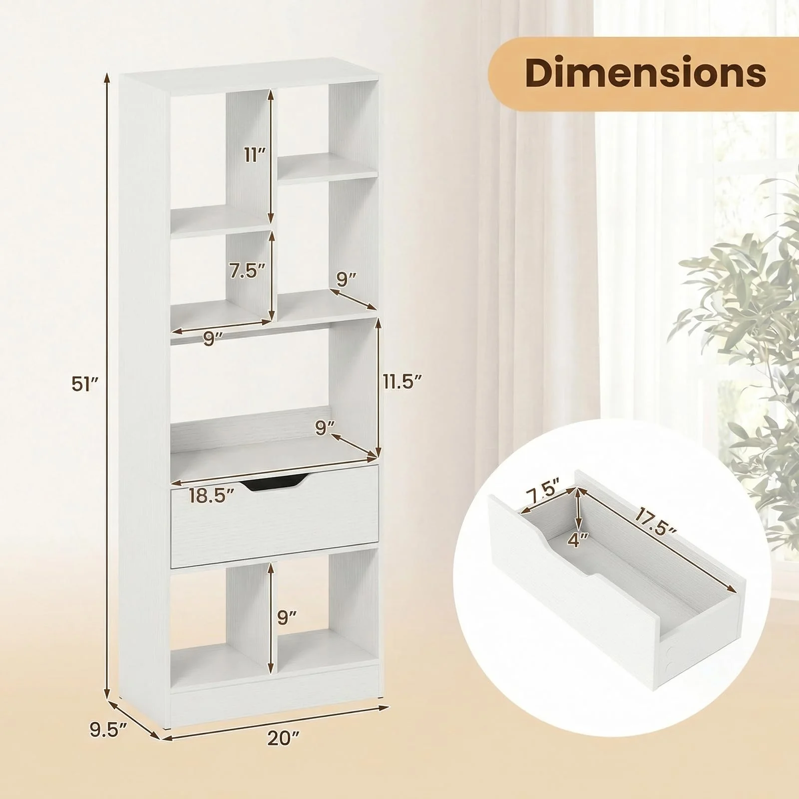 Tangkula 51” Tall Open Bookcase with Drawer(1/2)