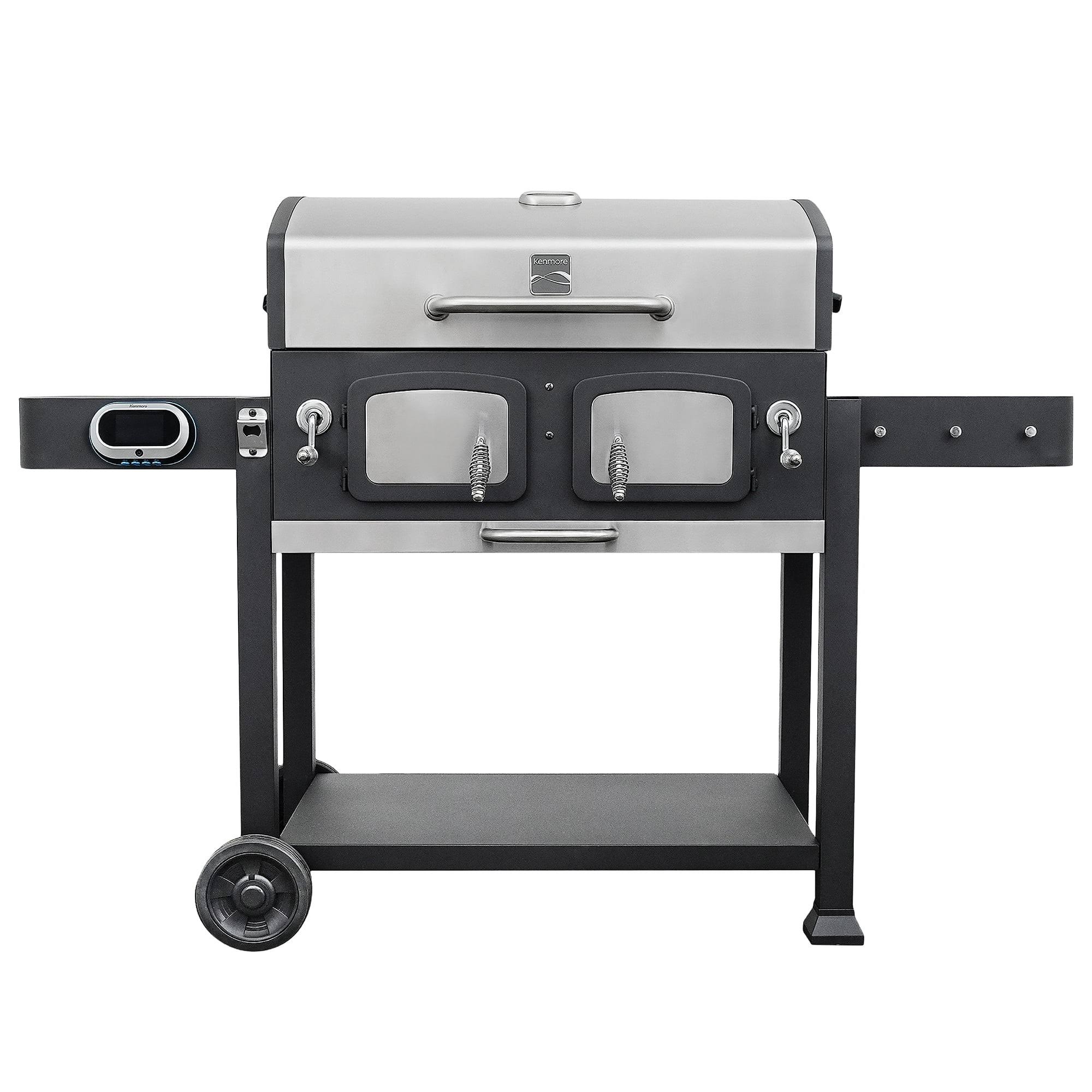 Kenmore 32-Inch Smart Charcoal Grill with Bluetooth Meat Thermometer, LCD Display, and Temperature Probes, Stainless Steel/Black