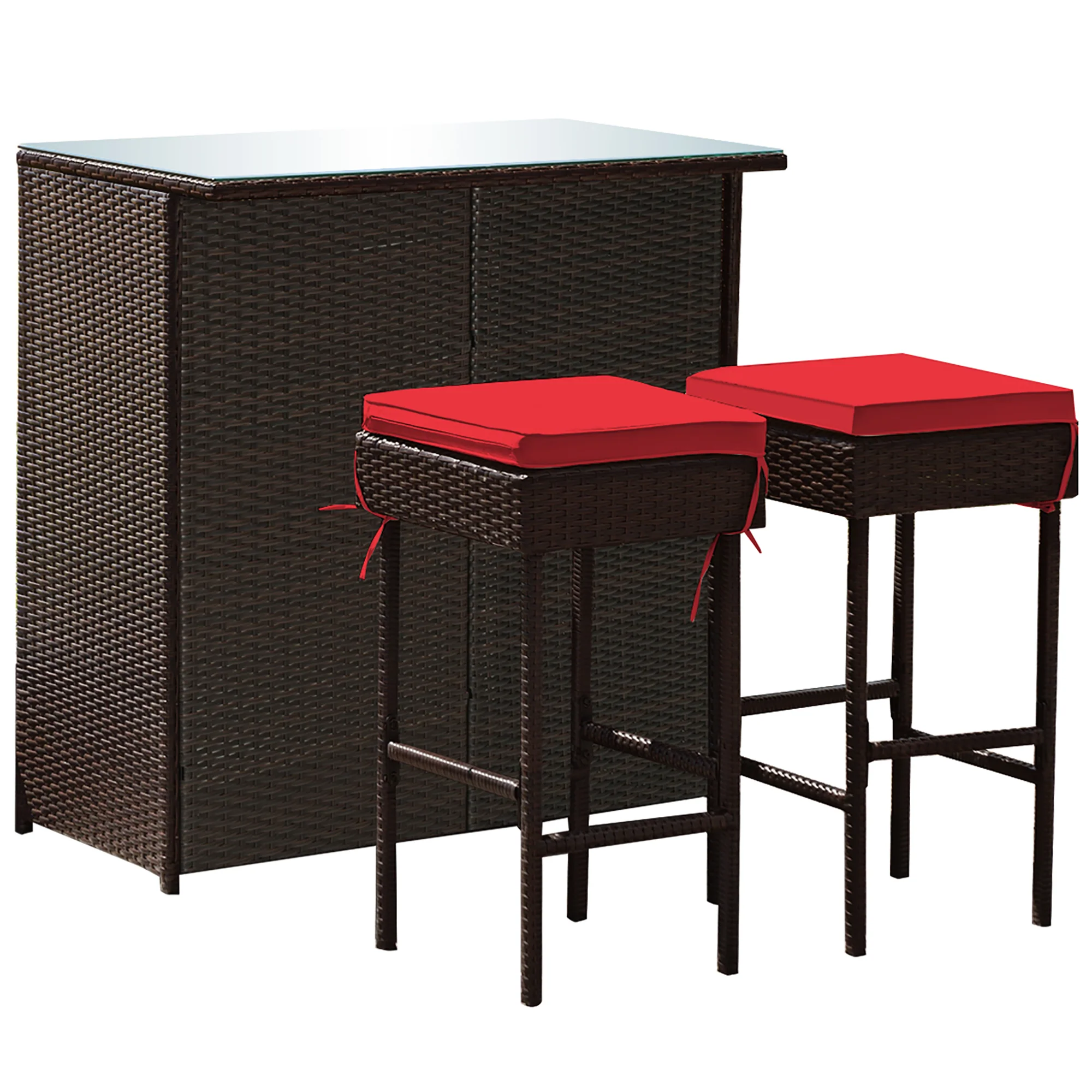 Costway 3PCS Patio Rattan Wicker Bar Table Stools Dining Set Cushioned Chairs Garden