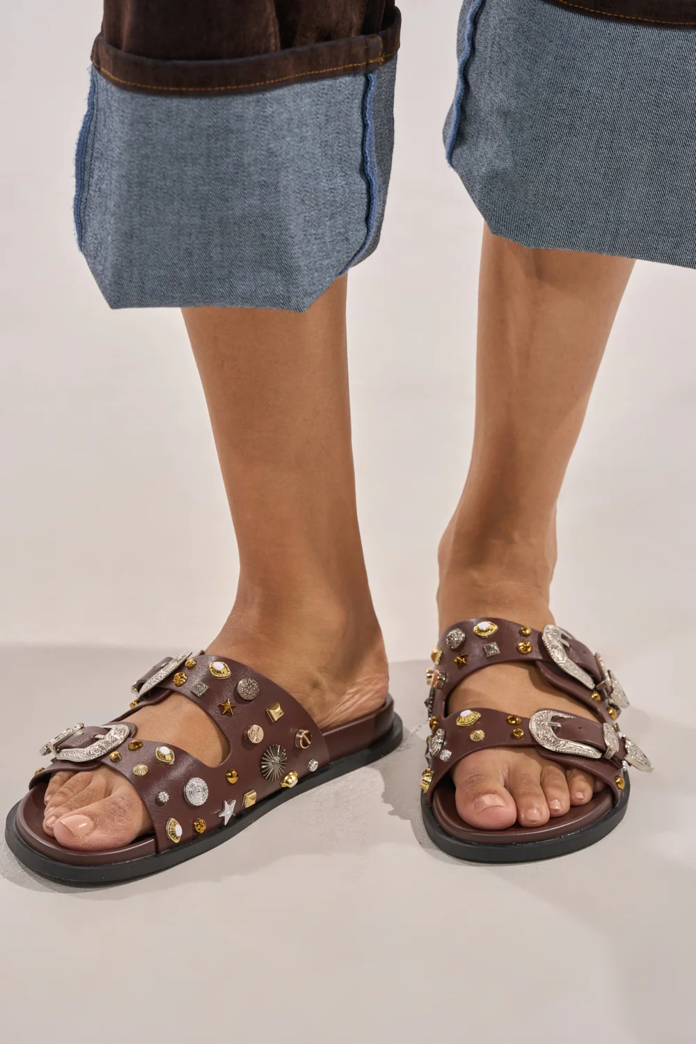 AKIRA BARCLAY BROWN METAL EMBELLISHED SLIP ON FLAT SANDAL - Akira Store