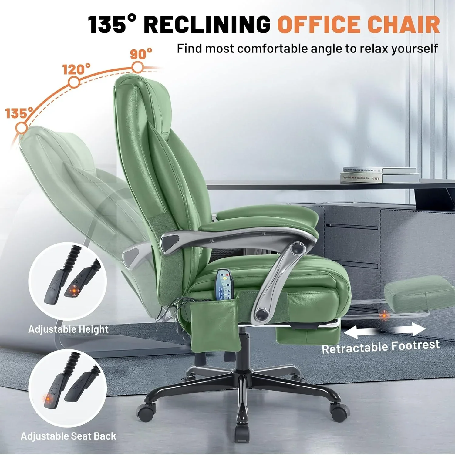 Fauteuil de bureau massant avec chauffage et repose-pieds, fauteuil de bureau ergonomique inclinable de direction