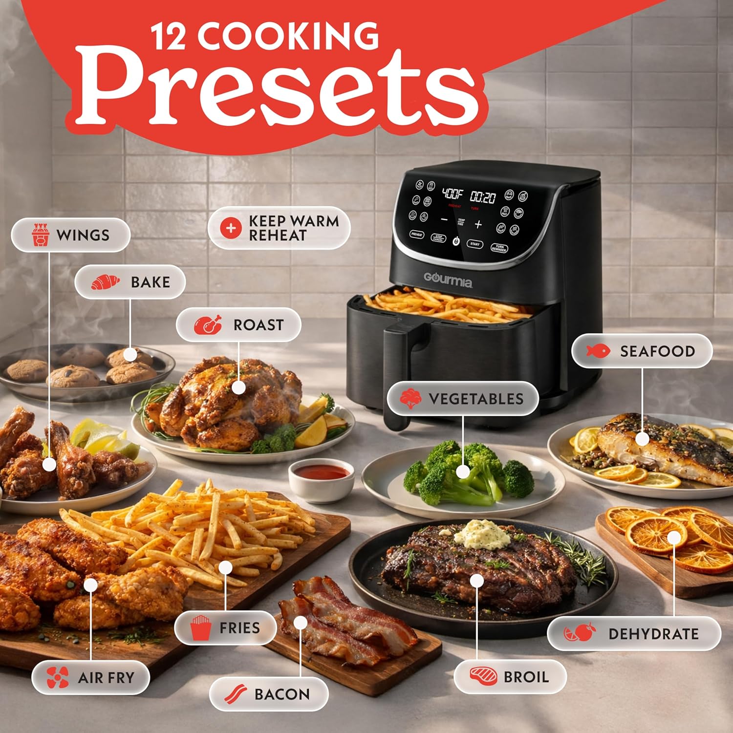 Gourmia Air Fryer - 7 Qt Large Capacity with LED Display, 12 One-Touch Presets, FryForce 360° Technology, Nonstick Dishwasher-Safe Basket & Crisper Tray, Black
