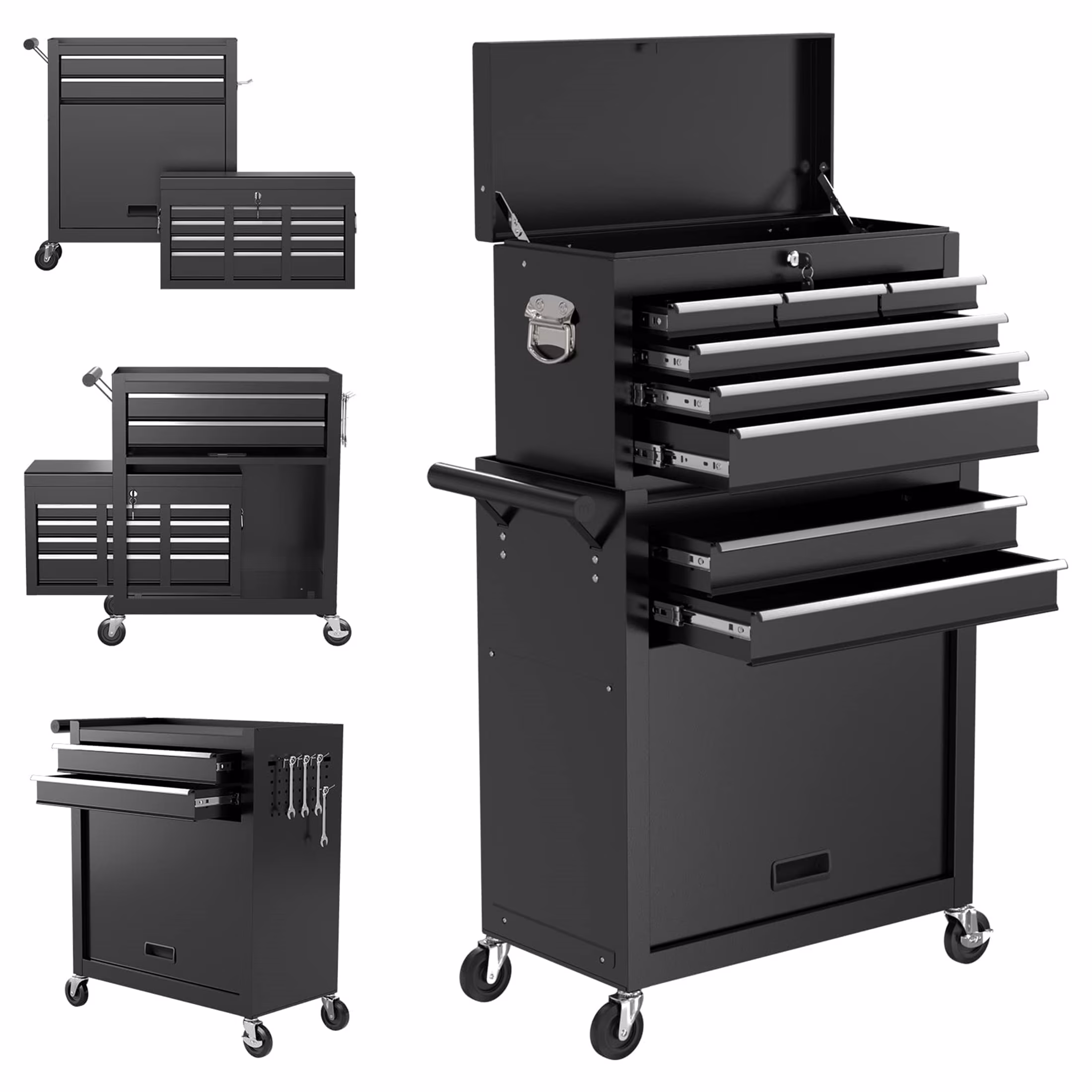 Aukfa Tool Box, 2 in 1 Steel Rolling Tool Chest & Cabinet On Wheels for Garage, 8-Drawer, Black