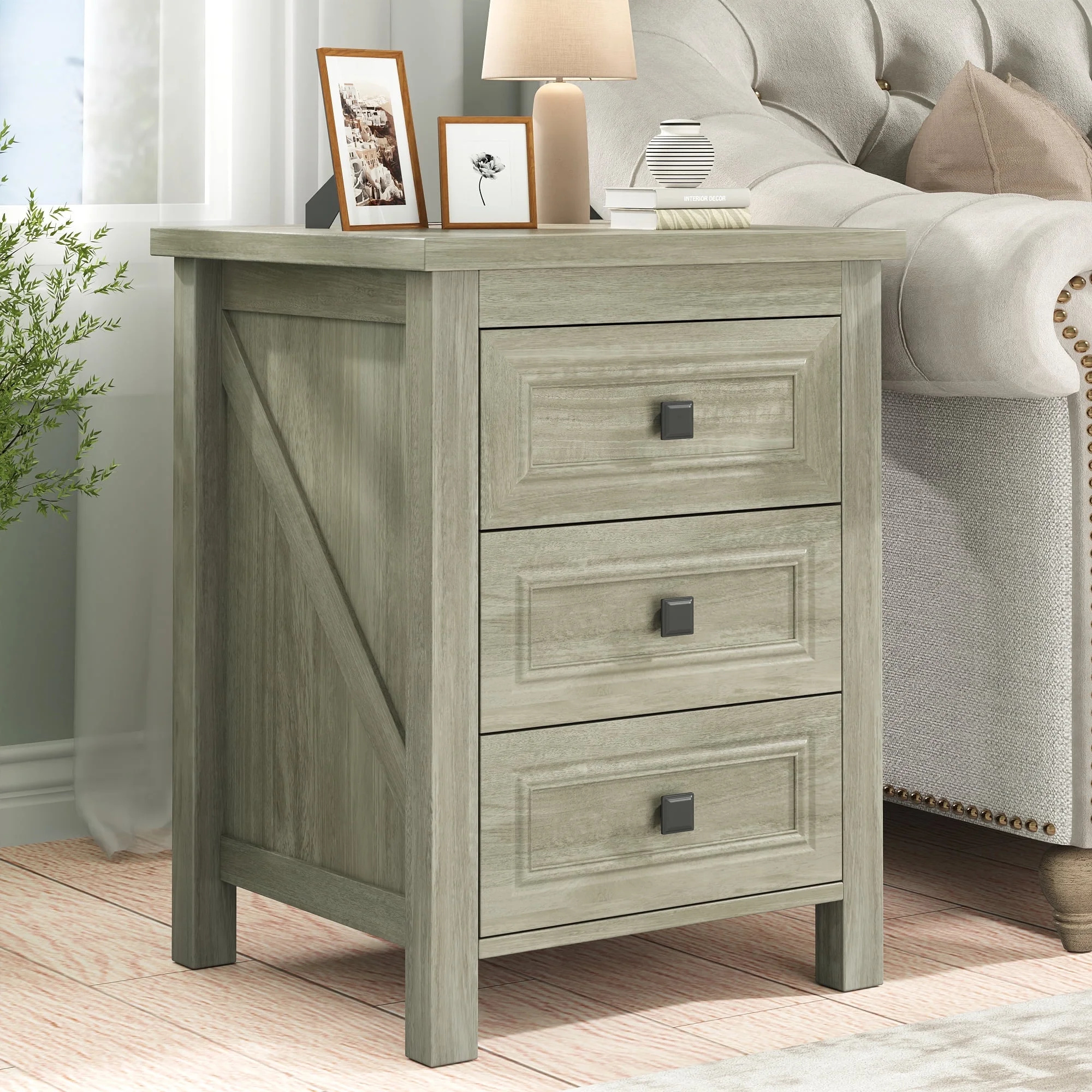 Nightstand, Bedside Table with Charging Station, Farmhouse 3 Drawer Nightstand Rustic Night Stand End Tables for Bedroom Living Room,Gray(Gray-1PCS) - Image 5
