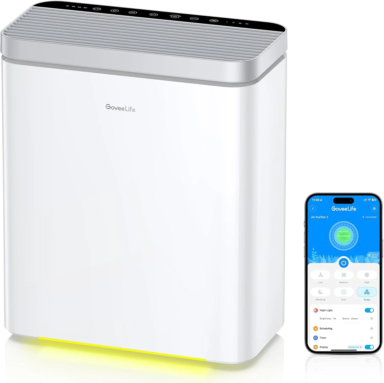 Purificateur d'air intelligent GoveeLife pour grandes pièces, couvre jusqu'à 97 m², avec moniteur PM2.5, mode sommeil et filtre 3 en 1. Compatible avec une application et Alexa, il élimine les poils d'animaux, les odeurs, le pollen et la fumée.