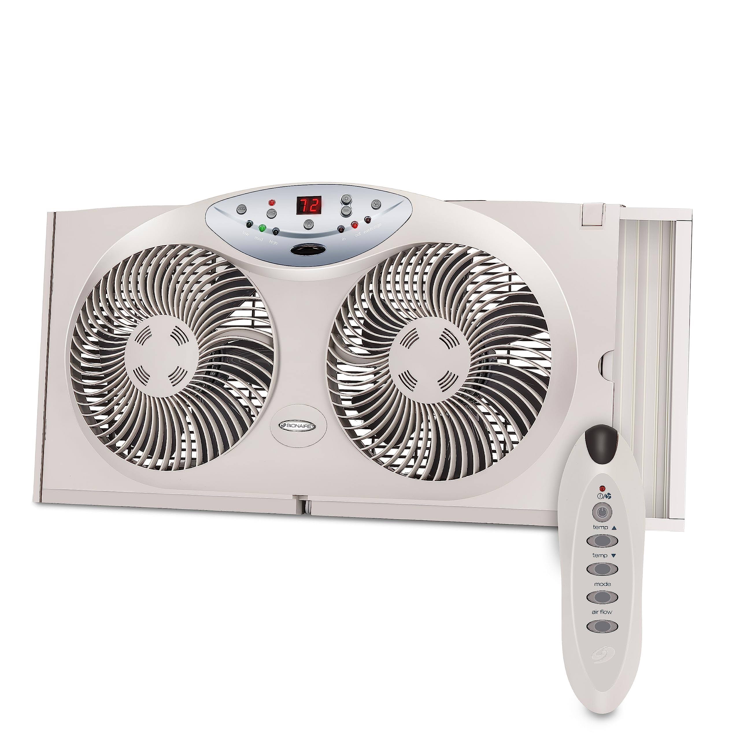 Bionaire Window Fan with Twin 8.5-Inch Reversible Airflow Blades and Remote Control White