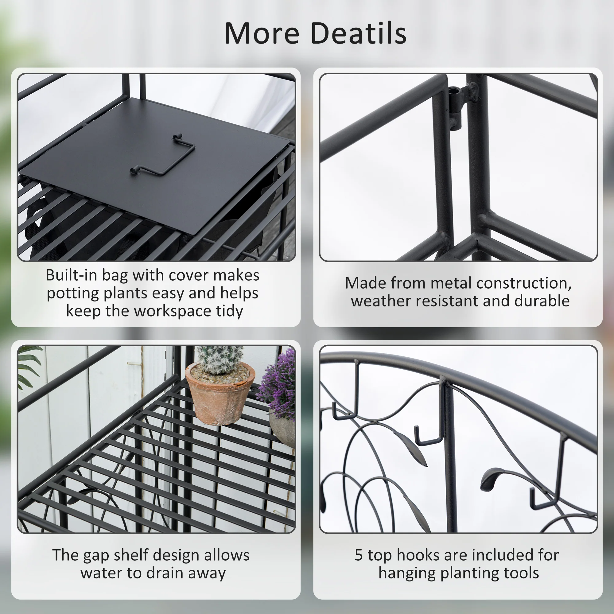 Outsunny Folding Potting Bench Table, Metal Garden Workstation, Work Bench with Large Built-in Bag with Cover, 5 Hanging Hooks & Storage Shelf,