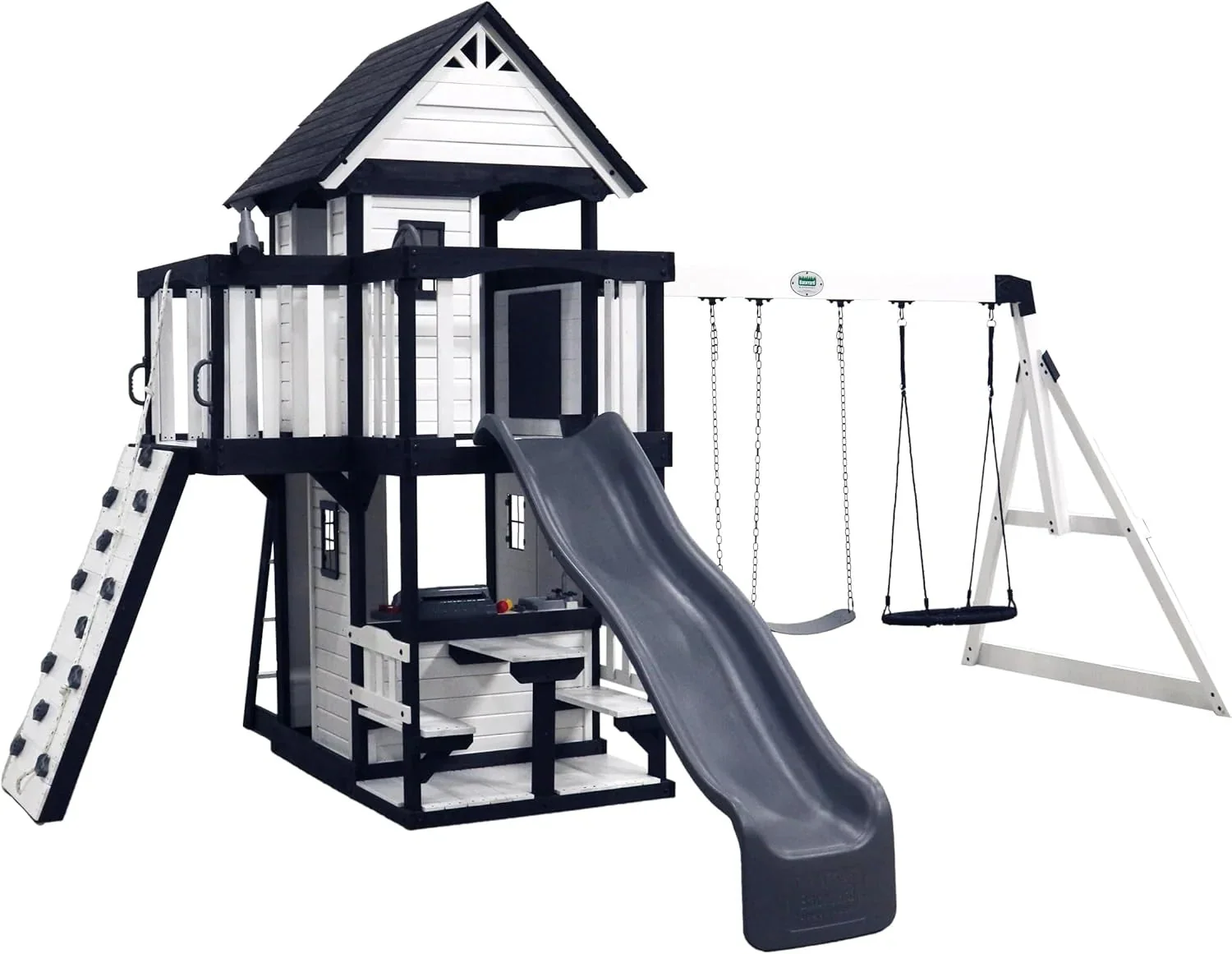 Canyon Creek Cedar Wood Swing Set with Wave Slide, Clubhouse, Play Kitchen, Picnic Area, Belt Swings, Web Swing, Rock Wall, Balconies,…
