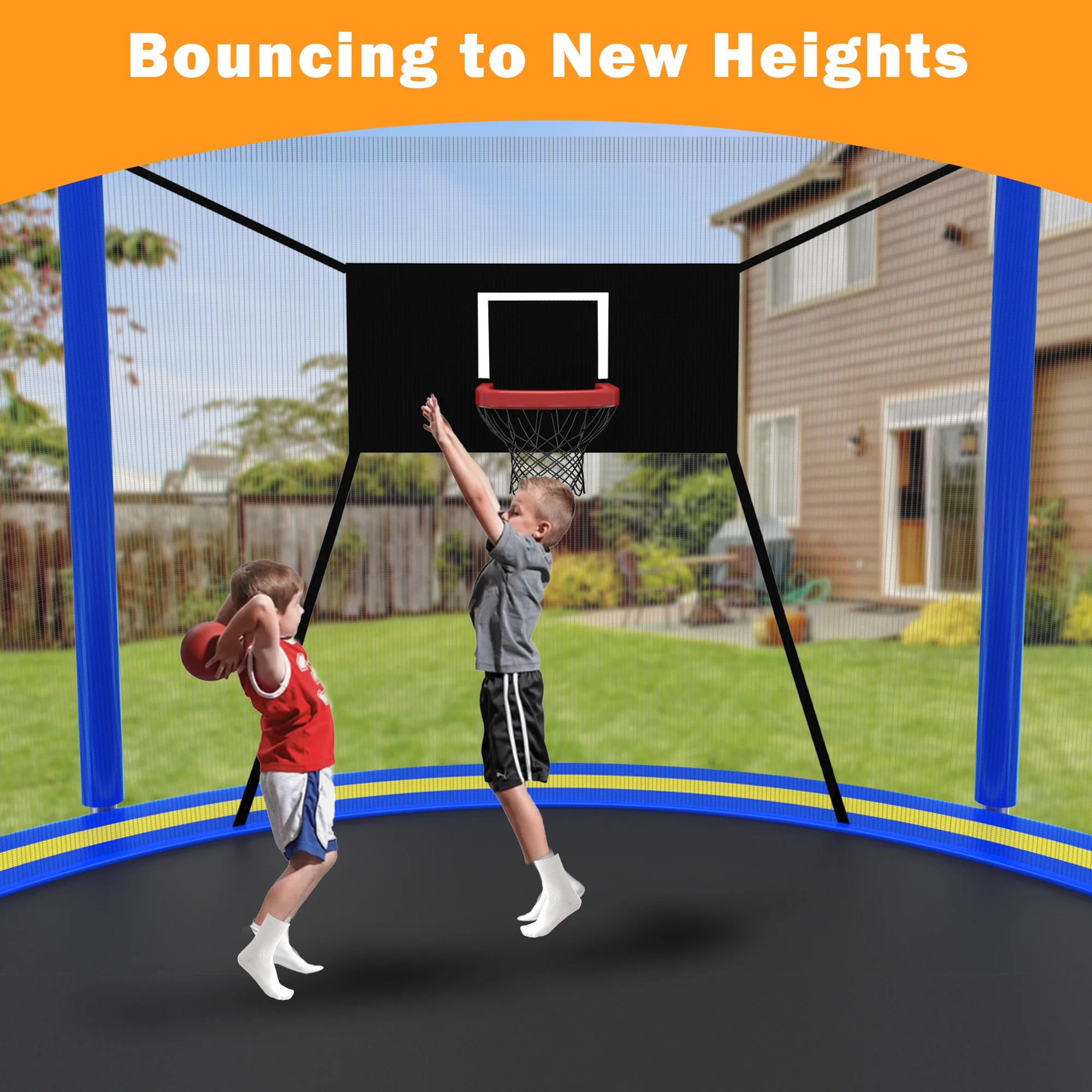 14FT Trampoline with Enclosure for Kids and Adults, Upgraded Kids Recreational Outdoor Trampoline with Basketball Hoop, Ladder, Heavy Duty Round Backyard Trampoline for Indoor Outdoor(Navy Blue+Yellow) - Image 9