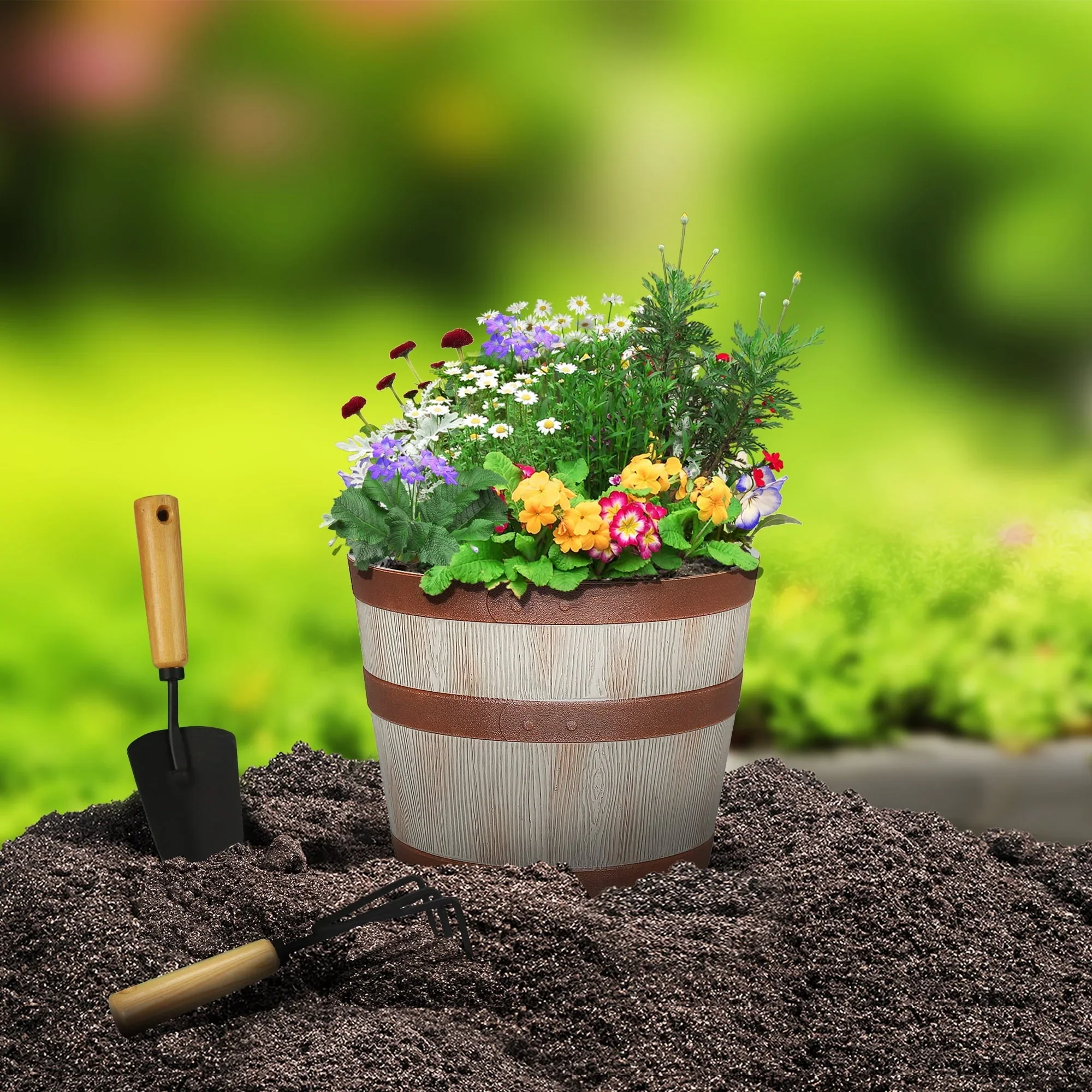 Better Homes & Gardens Whiskey Barrel Light Brown Resin Planter, 13in x 13in x 10in