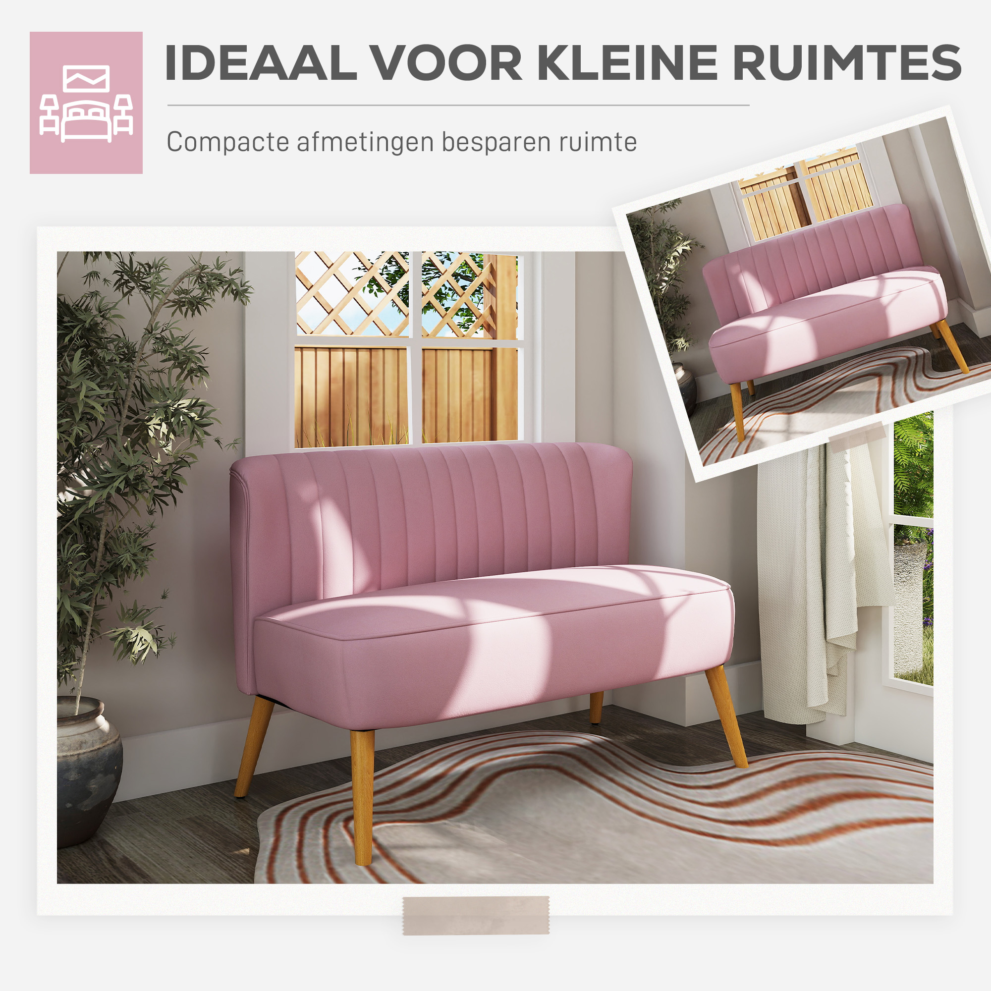 HOMCOM Sofa Retrodesign 2-zitsbank, houten poten, 117 cm x 56,5 cm x 77 cm, Roze