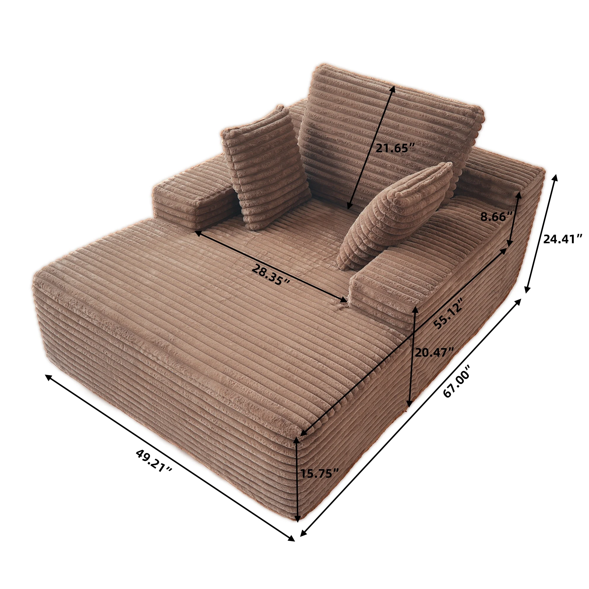 Oversized Chaise Lounge Chair Indoor,Upholstered Sofa Bed with Throw Pillows and Armrests,Sleeper Chair for Living Room,Bedroom,Brown,Corduroy(Brown) - Image 8