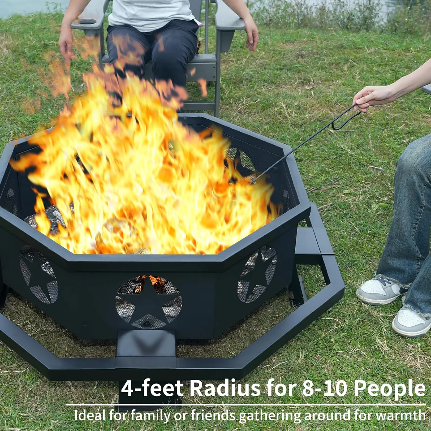 45 inch Extra Large Fire Pit, Outdoor Wood Burning Fire Pit for Outside Octagonal Heavy Duty Firepit for Camping, Backyard, Patio, Black(45") - Image 7
