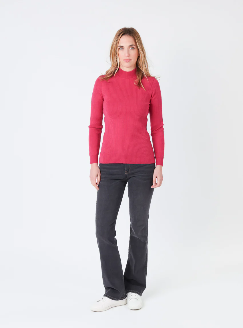 Pull chaussette femme col cheminee laine mérinos Rose géranium